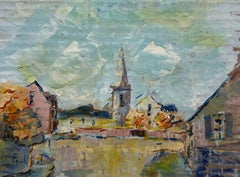 French Impressionist Village Landscape Central Church Tower Under Cloudy Skies