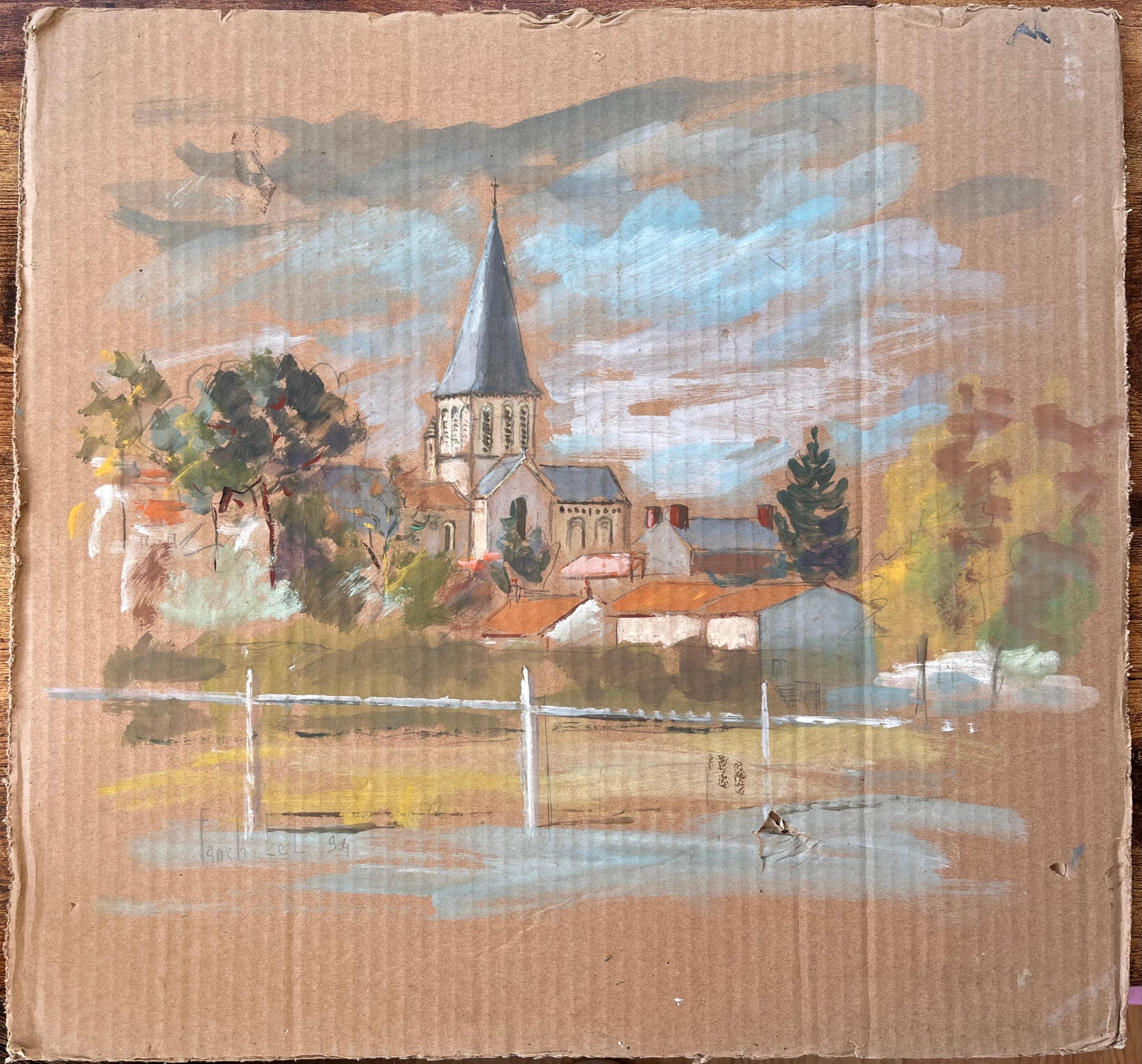 Französischer Impressionismus - Dorflandschaft mit Church's und roten Dächern von Fanch Lel im Angebot 1
