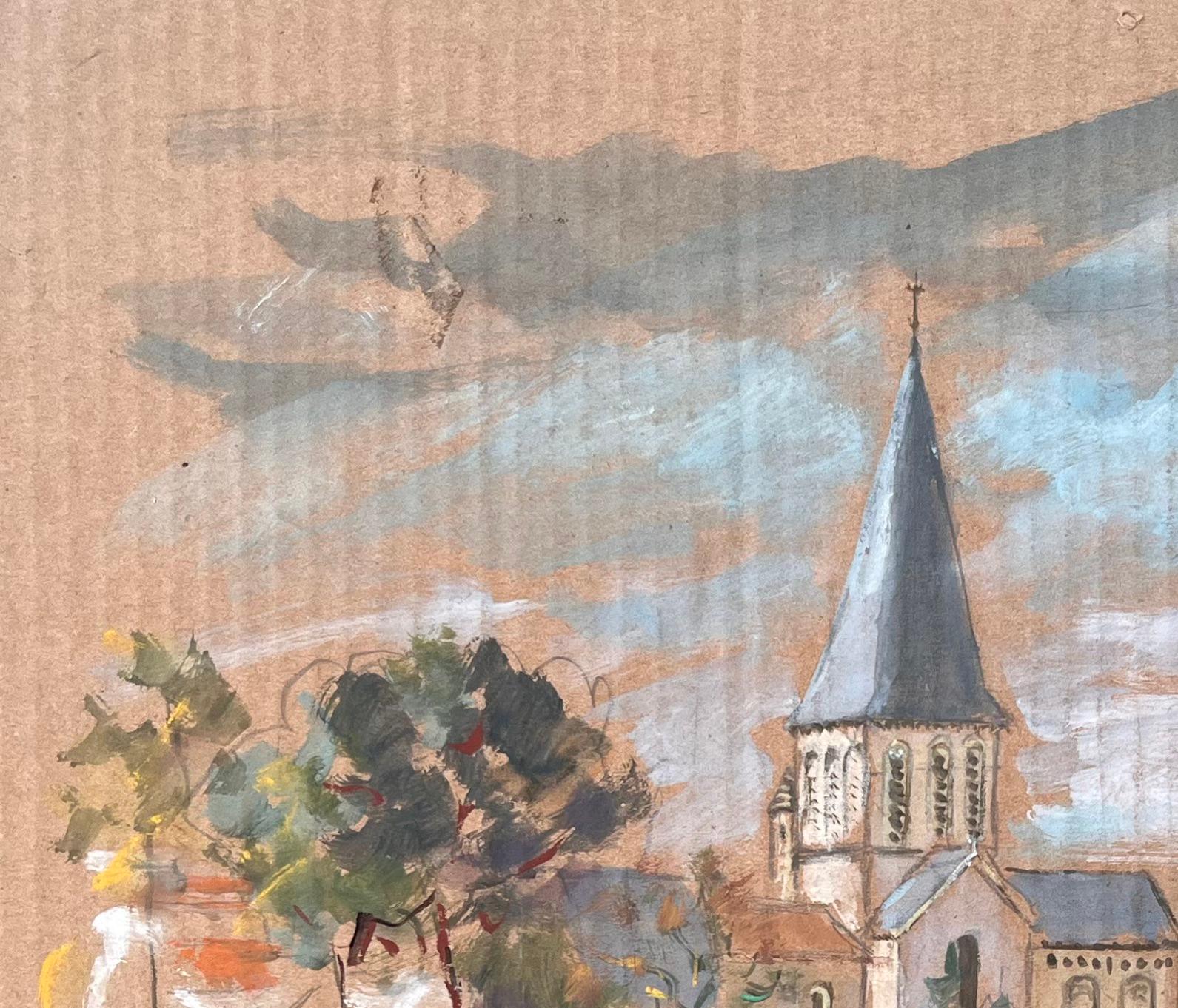 Französischer Impressionismus - Dorflandschaft mit Church's und roten Dächern von Fanch Lel im Angebot 2