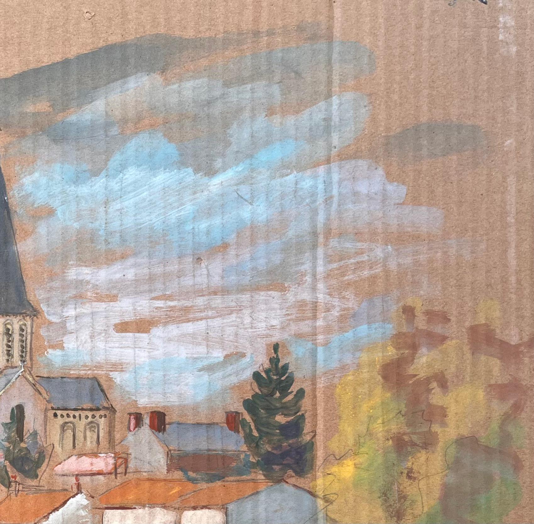 Französischer Impressionismus - Dorflandschaft mit Church's und roten Dächern von Fanch Lel im Angebot 3