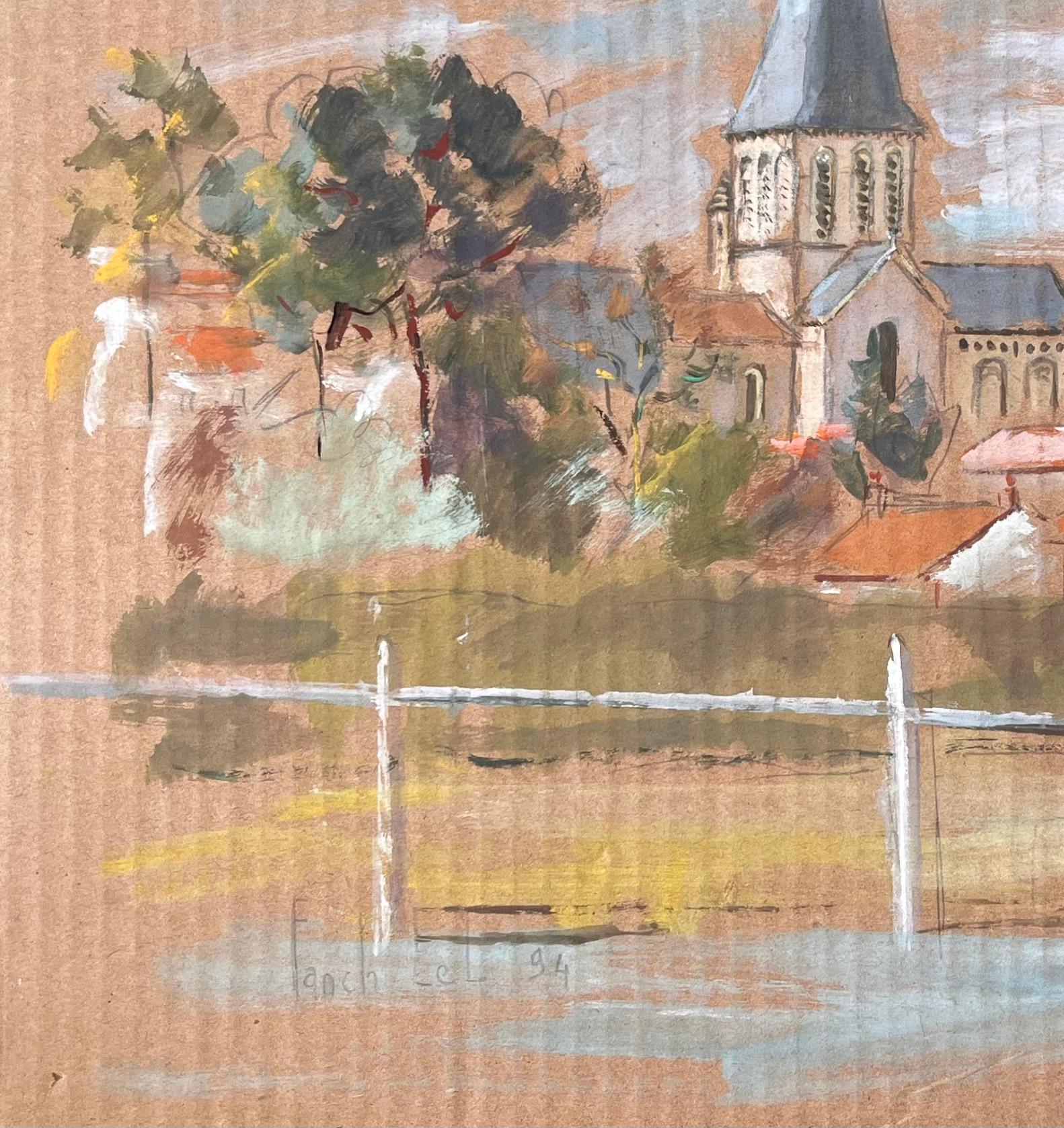 Französischer Impressionismus - Dorflandschaft mit Church's und roten Dächern von Fanch Lel im Angebot 4