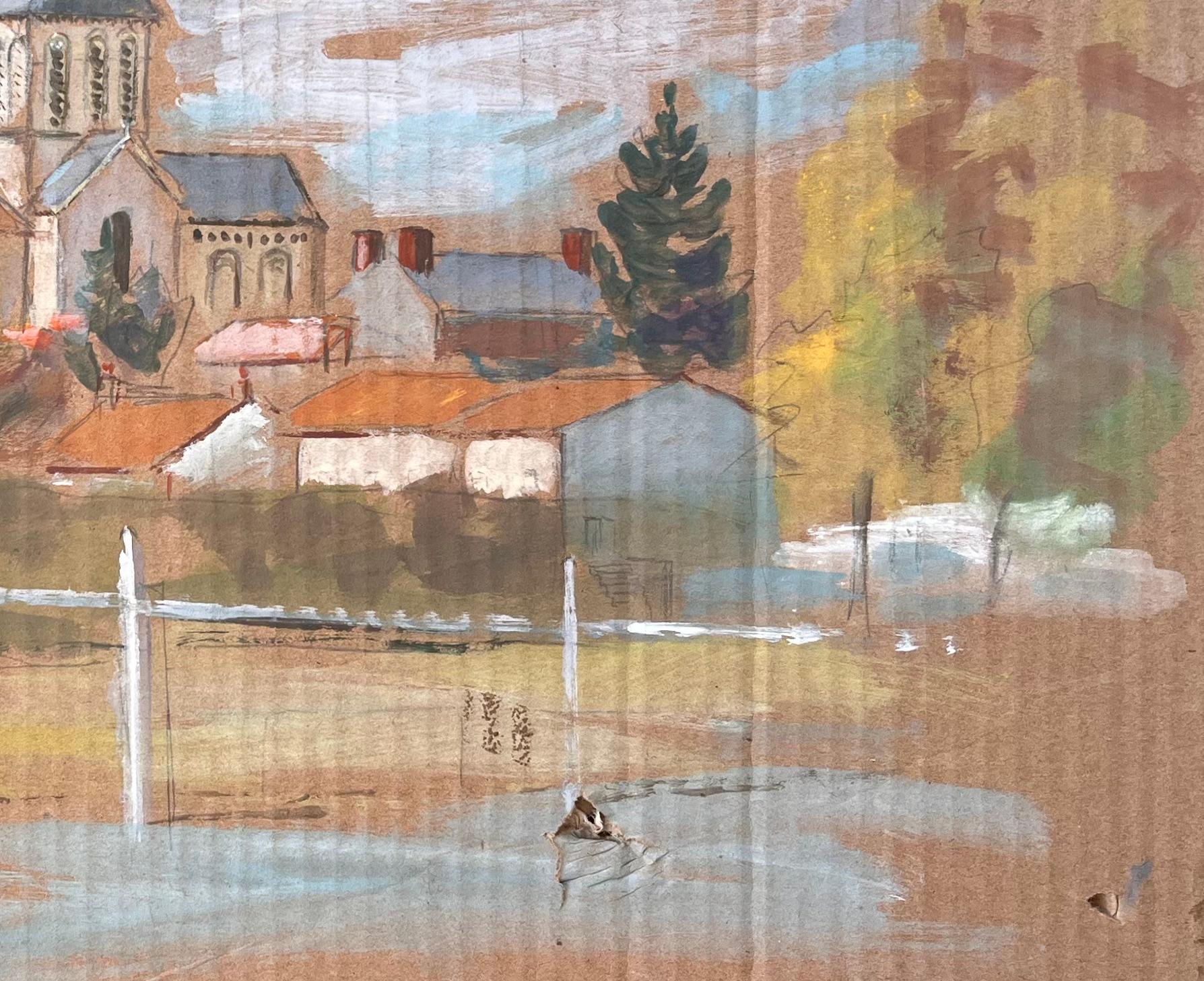 Französischer Impressionismus - Dorflandschaft mit Church's und roten Dächern von Fanch Lel im Angebot 5