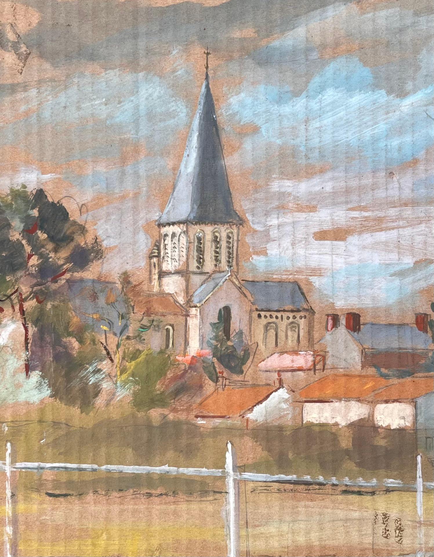 Französischer Impressionismus - Dorflandschaft mit Church's und roten Dächern von Fanch Lel im Angebot 6