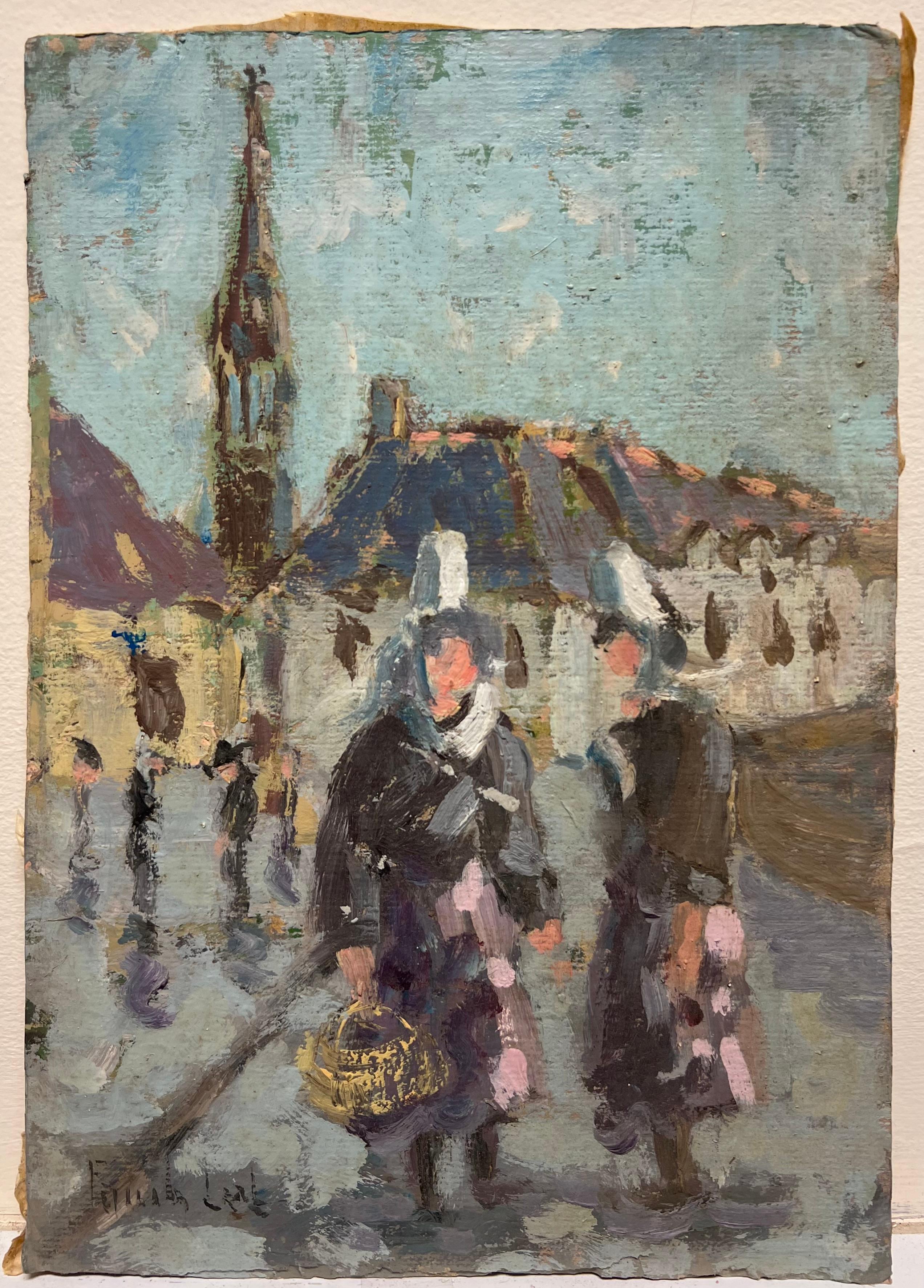 Sentiero del villaggio impressionista francese con figure in abiti da cameriera Pittura ad olio - Painting di Fanch Lel