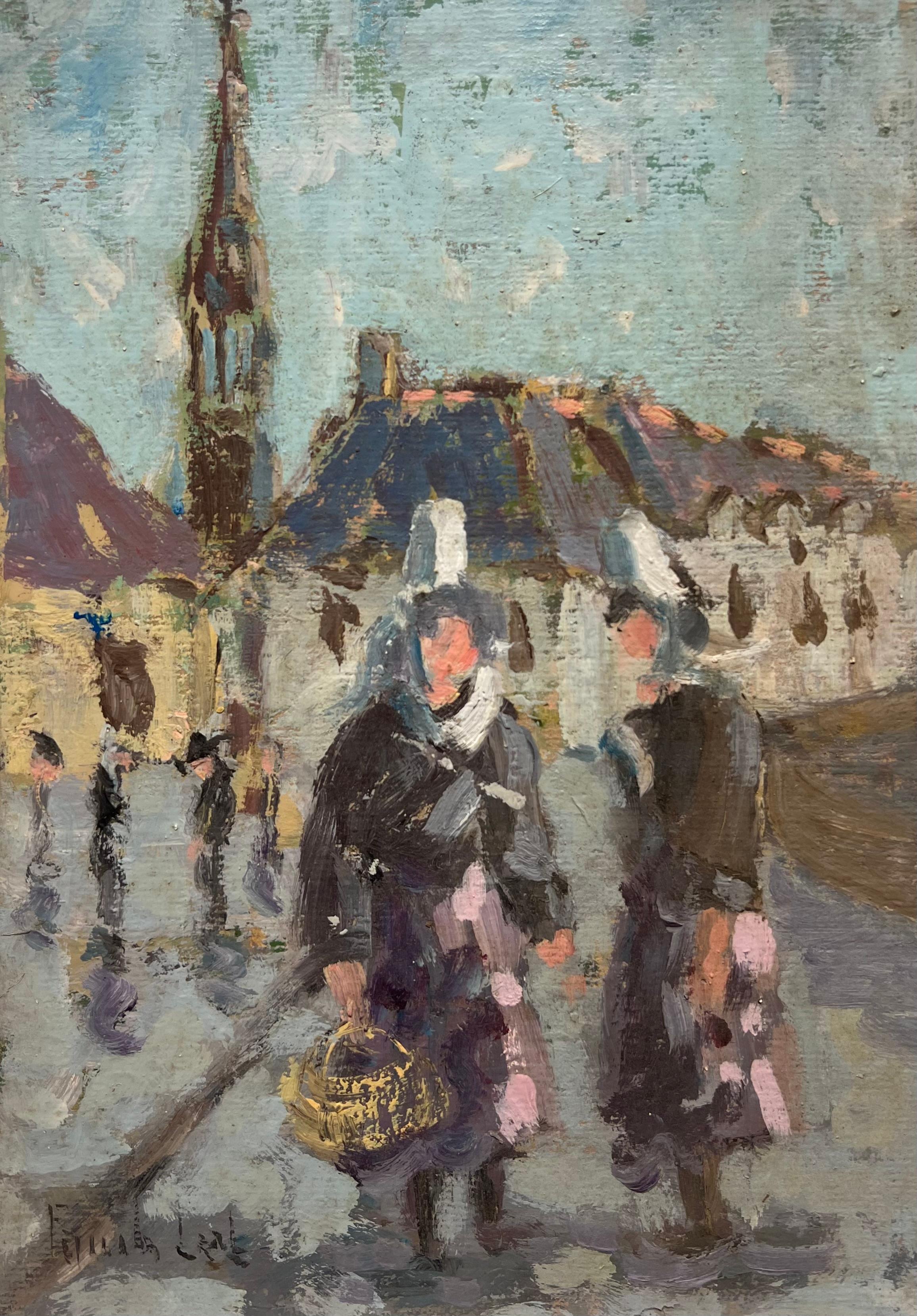 Sentiero del villaggio impressionista francese con figure in abiti da cameriera Pittura ad olio - Painting Impressionismo di Fanch Lel