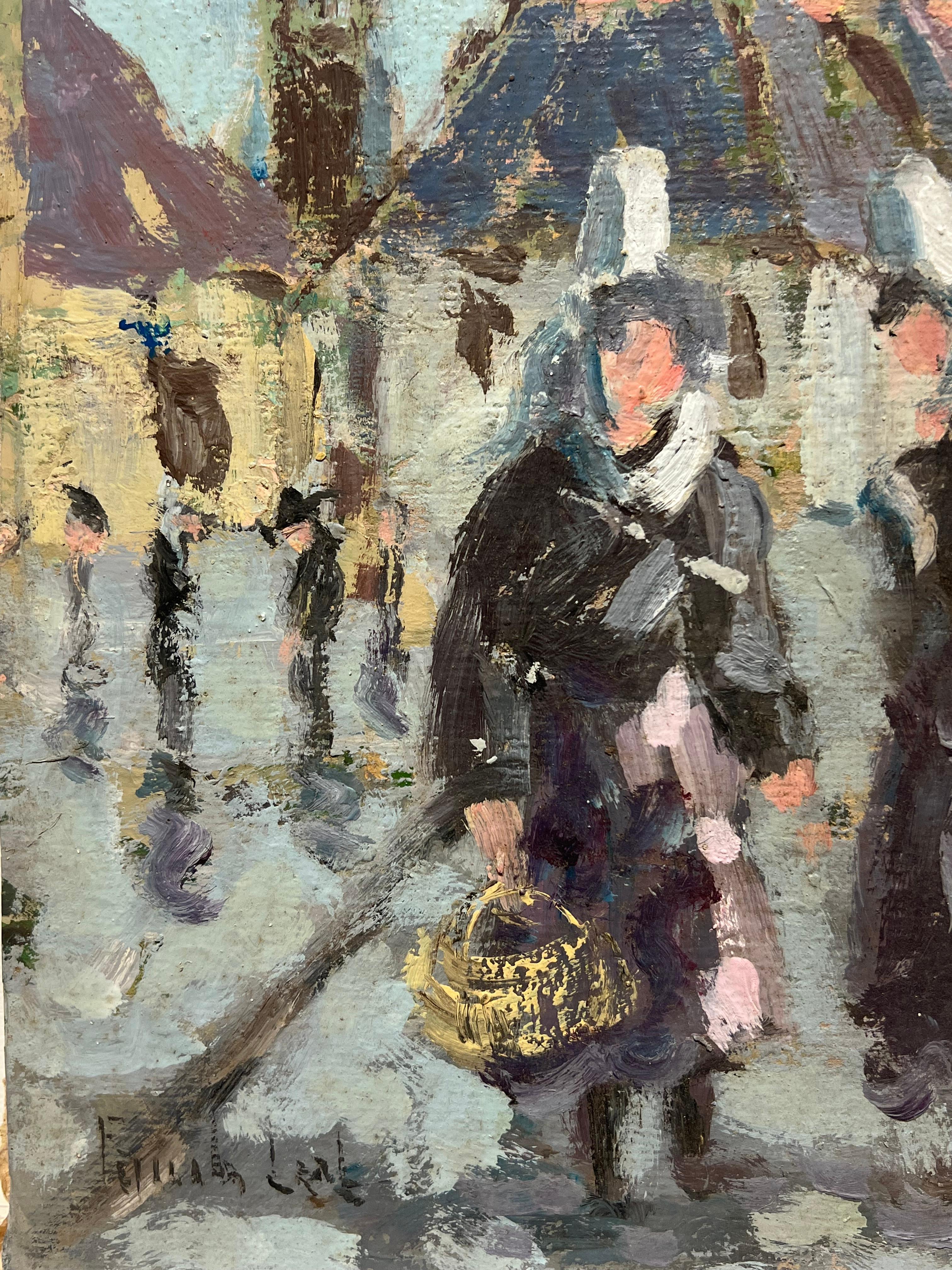 Sentiero del villaggio con figure
firmato da Fanch Lel (francese, nato nel 1930)
Dimensioni: 13 x 9 pollici
Pittura a olio su cartone, senza cornice
Inscritto sul verso
Condit: Il dipinto è in buone condizioni, con lievi segni di