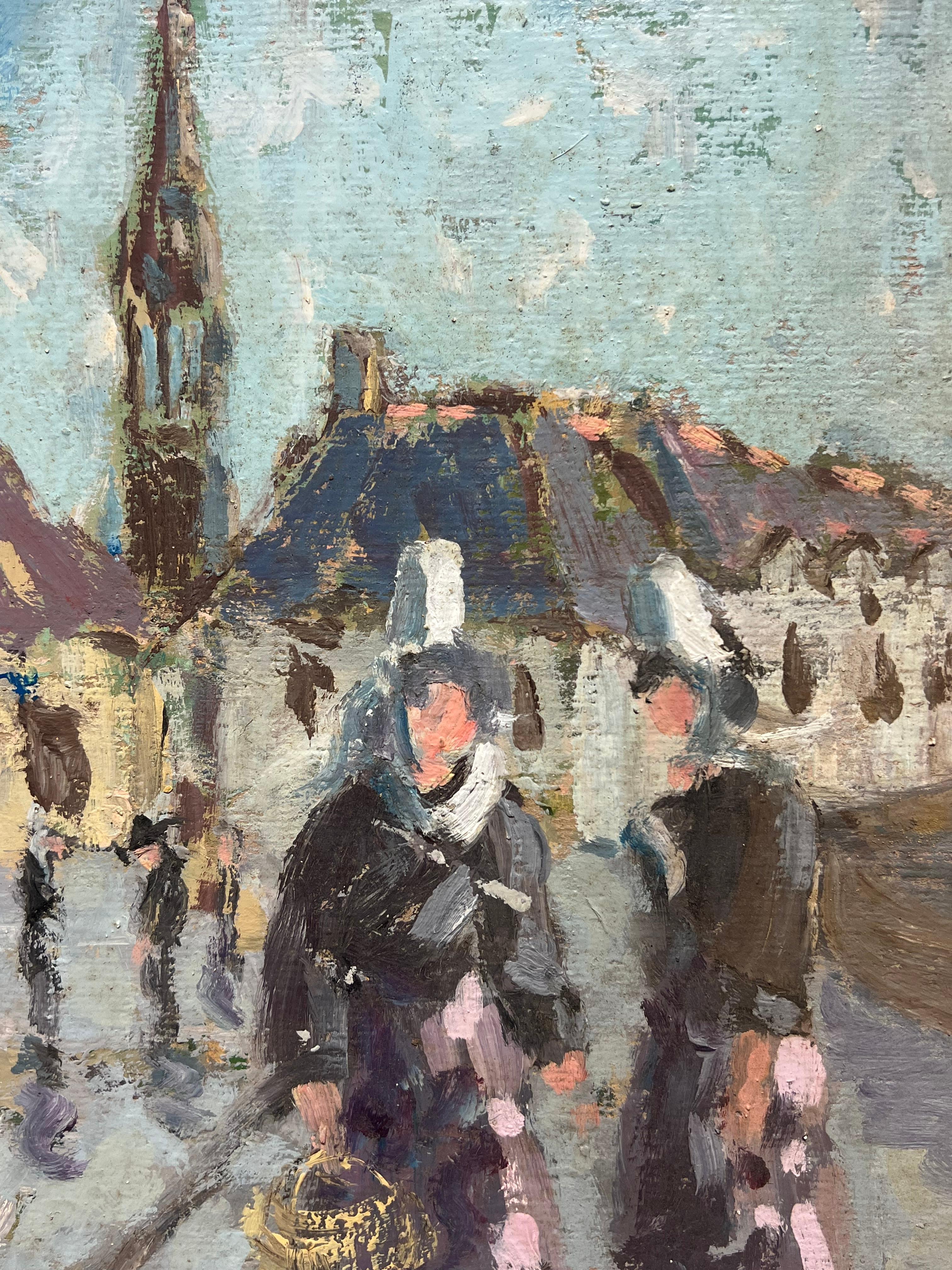 Sentiero del villaggio impressionista francese con figure in abiti da cameriera Pittura ad olio in vendita 1