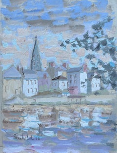 Französischer Impressionist Dorf Riverside Scene mit Kirchturmspitze