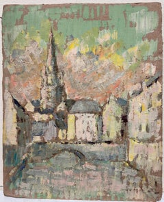 Scène de village impressionniste française avec une spirale d'église et un pont en pierre