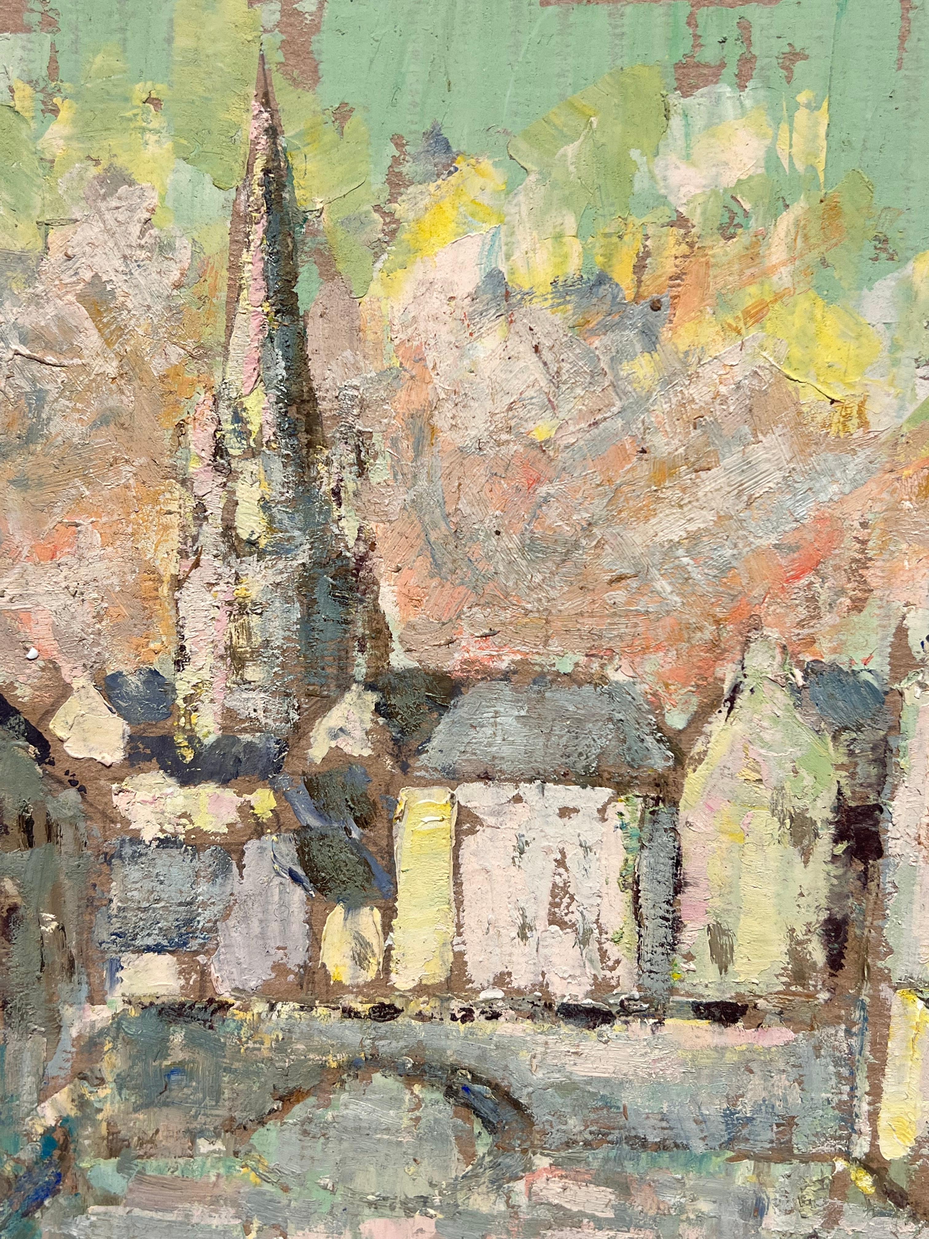 Escena impresionista francesa de pueblo con aguja de iglesia y puente de piedra - Painting Impresionista de Fanch Lel