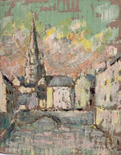 French Impressionist Village Scene with a Church Spire and Stone Bridge