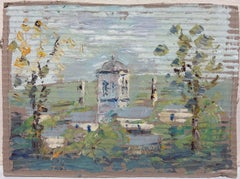 Scena impressionista francese di un villaggio con una torre della chiesa circondata da fogliame