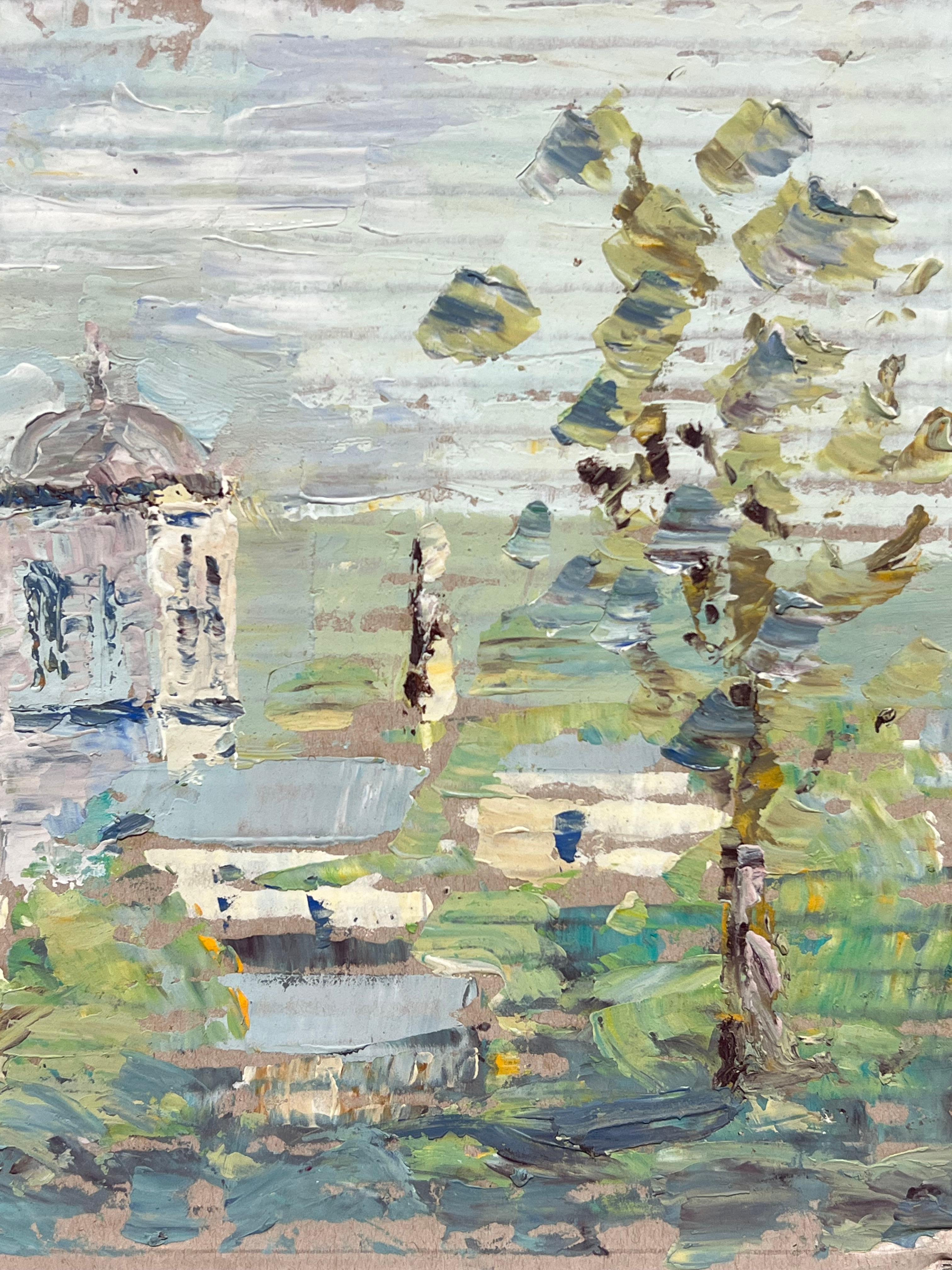Scène impressionniste française avec une tour d'église entourée de feuillage - Impressionnisme Painting par Fanch Lel