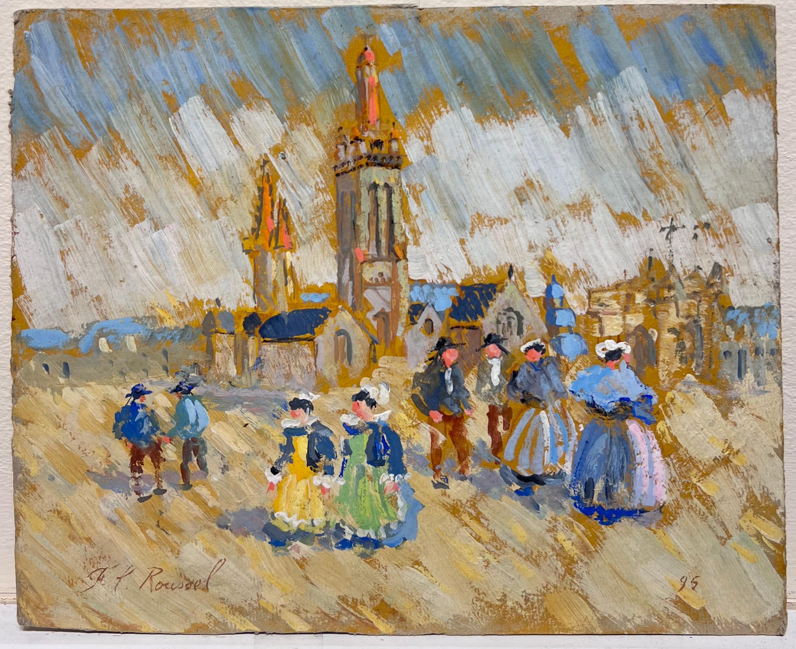 French Impressionist Village Scene with Vibrant Figures and Church Towers - Painting by Fanch Lel
