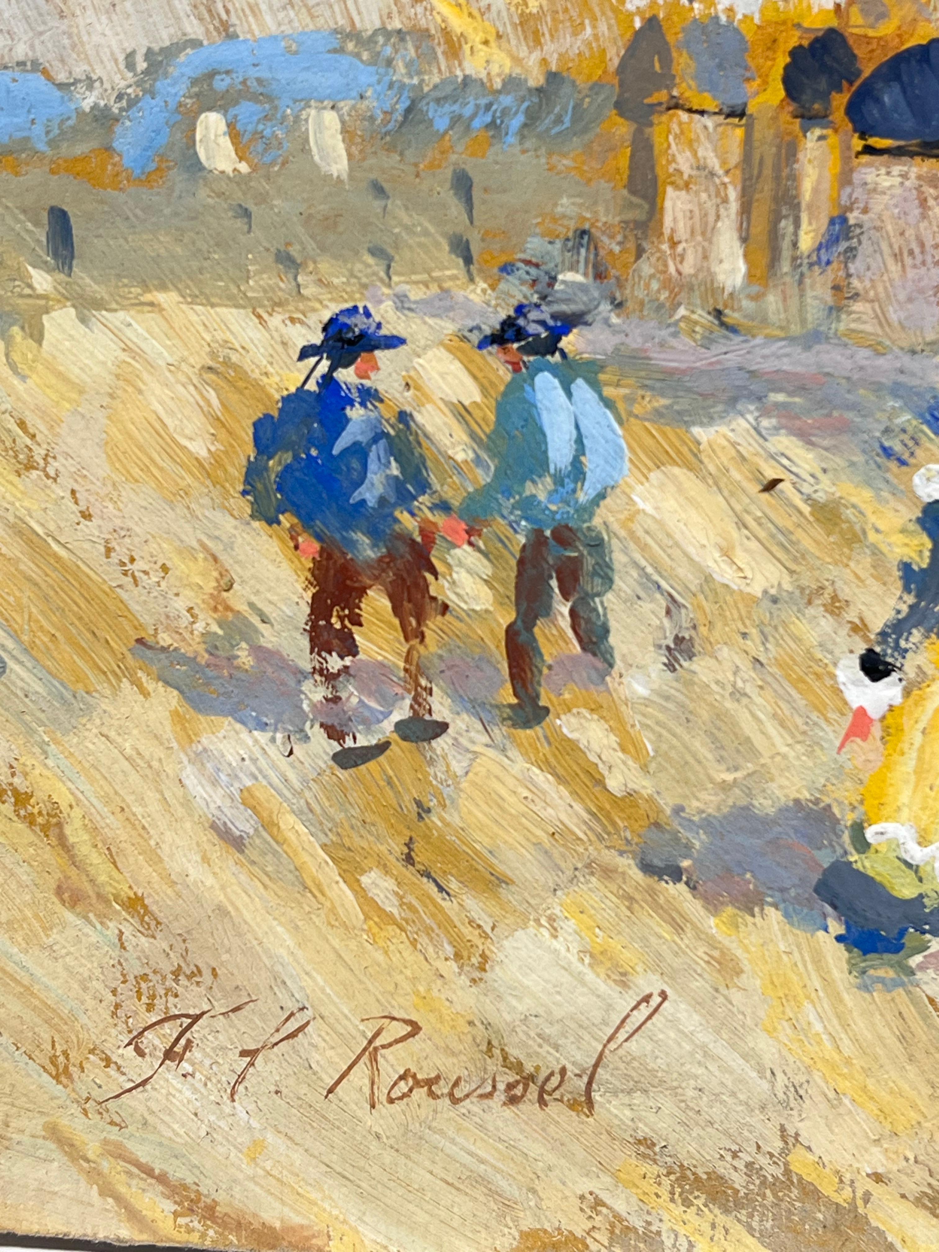 French Impressionist Village Scene with Vibrant Figures and Church Towers - Brown Landscape Painting by Fanch Lel