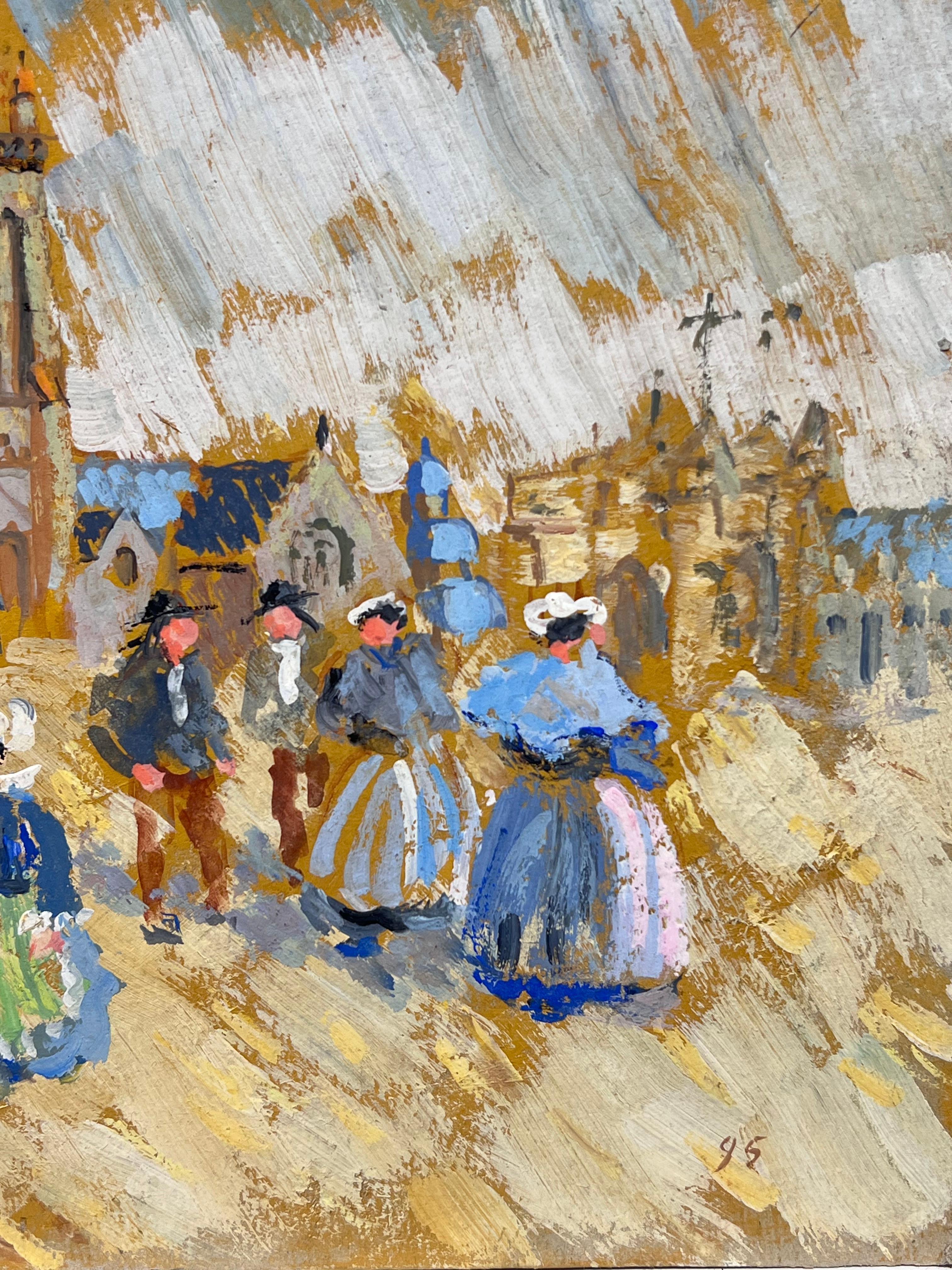 French Impressionist Village Scene with Vibrant Figures and Church Towers For Sale 1