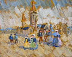 French Impressionist Village Scene with Vibrant Figures and Church Towers