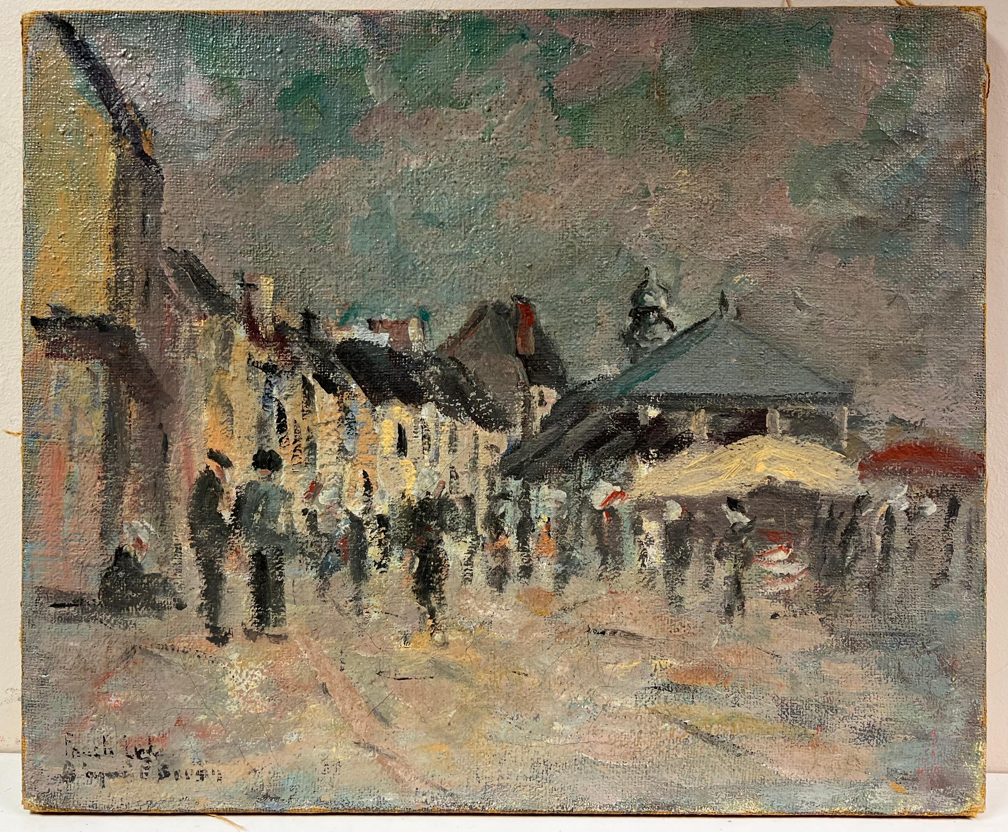 Piazza del mercato impressionista francese con figure in movimento - Painting di Fanch Lel
