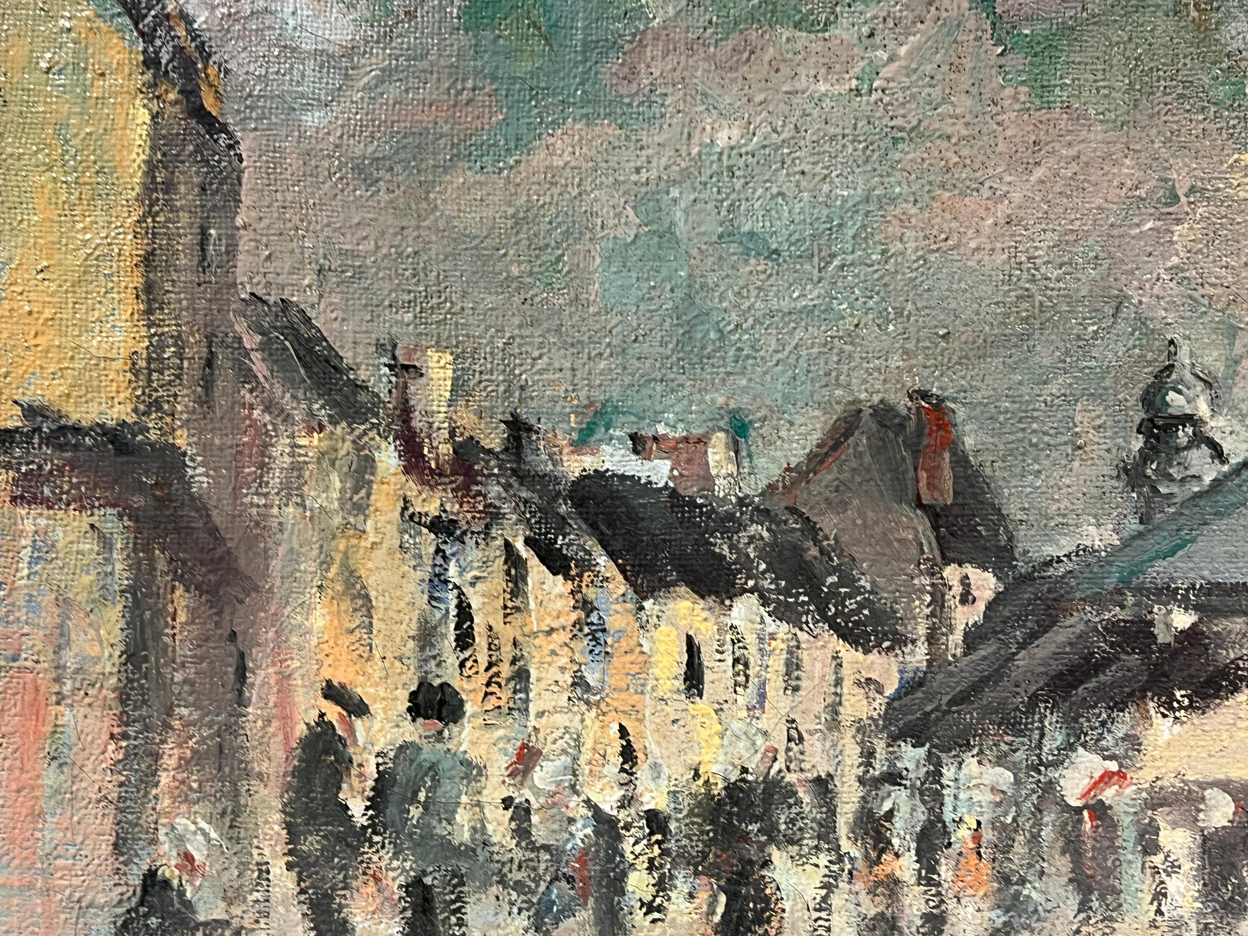 Piazza del mercato impressionista francese con figure in movimento - Landscape Painting Grigio di Fanch Lel