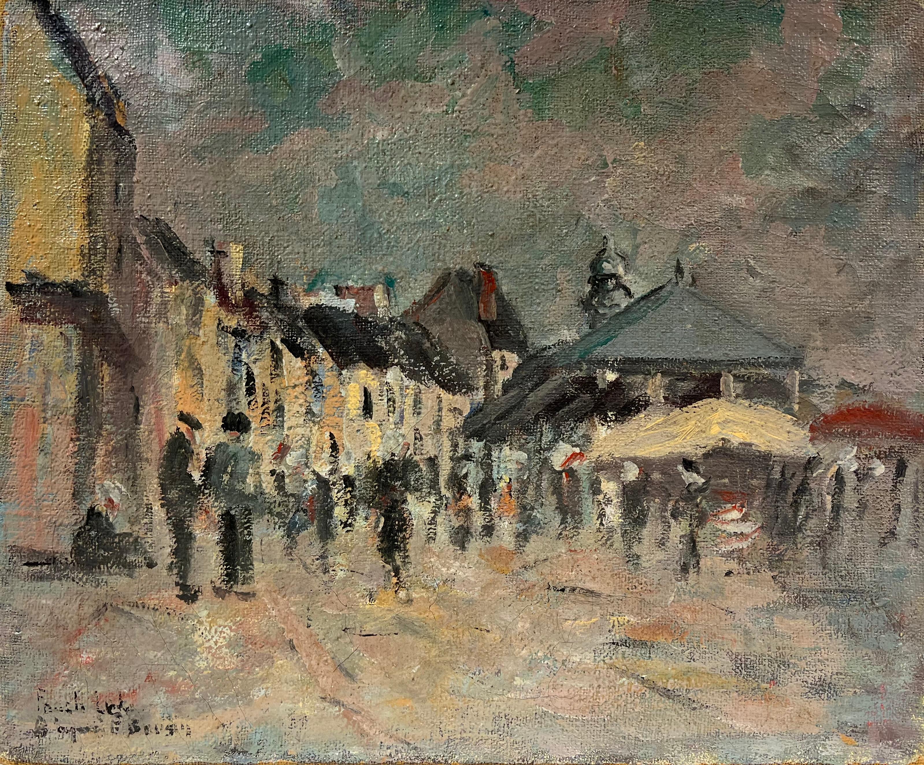 Landscape Painting di Fanch Lel - Piazza del mercato impressionista francese con figure in movimento