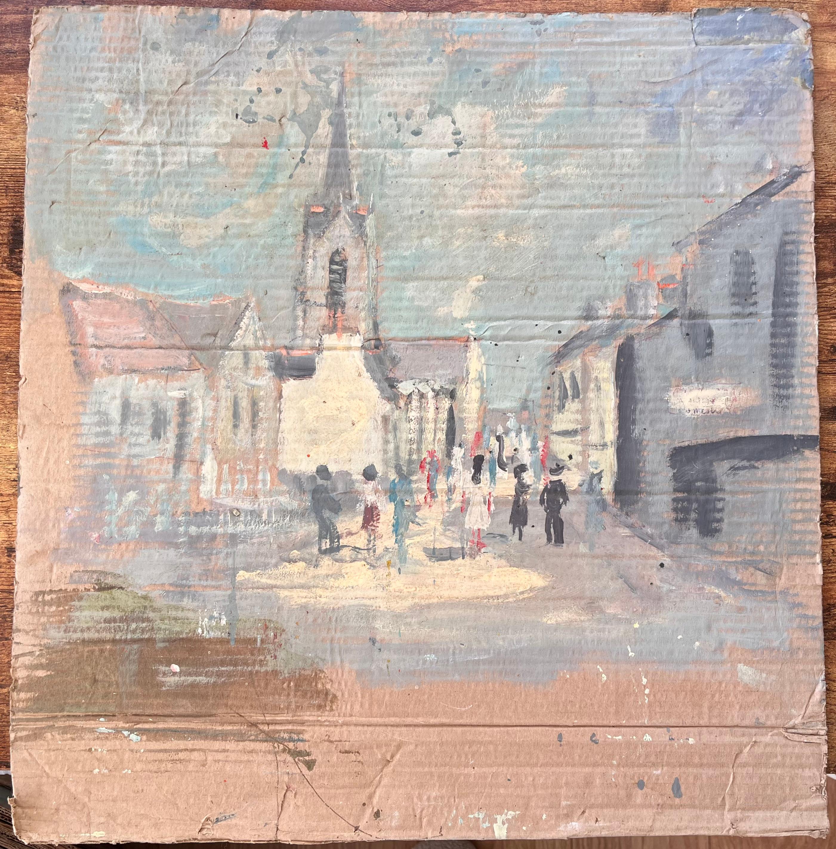 Scène de rue impressionniste française avec église et personnages - Painting de Fanch Lel