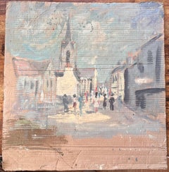 French Impressionist Village Street Scene with Church and Figures