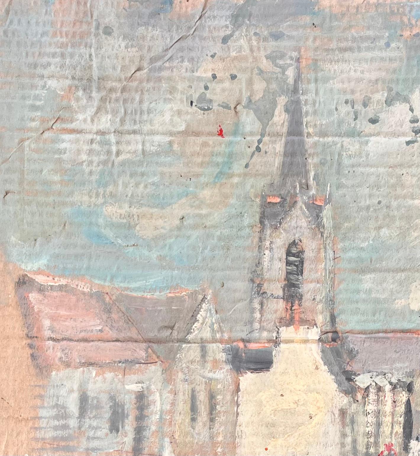 Scène de rue impressionniste française avec église et personnages - Impressionnisme Painting par Fanch Lel