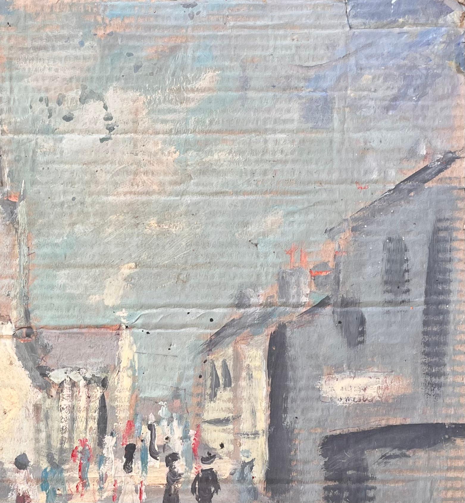 Scène de rue impressionniste française avec église et personnages - Gris Landscape Painting par Fanch Lel