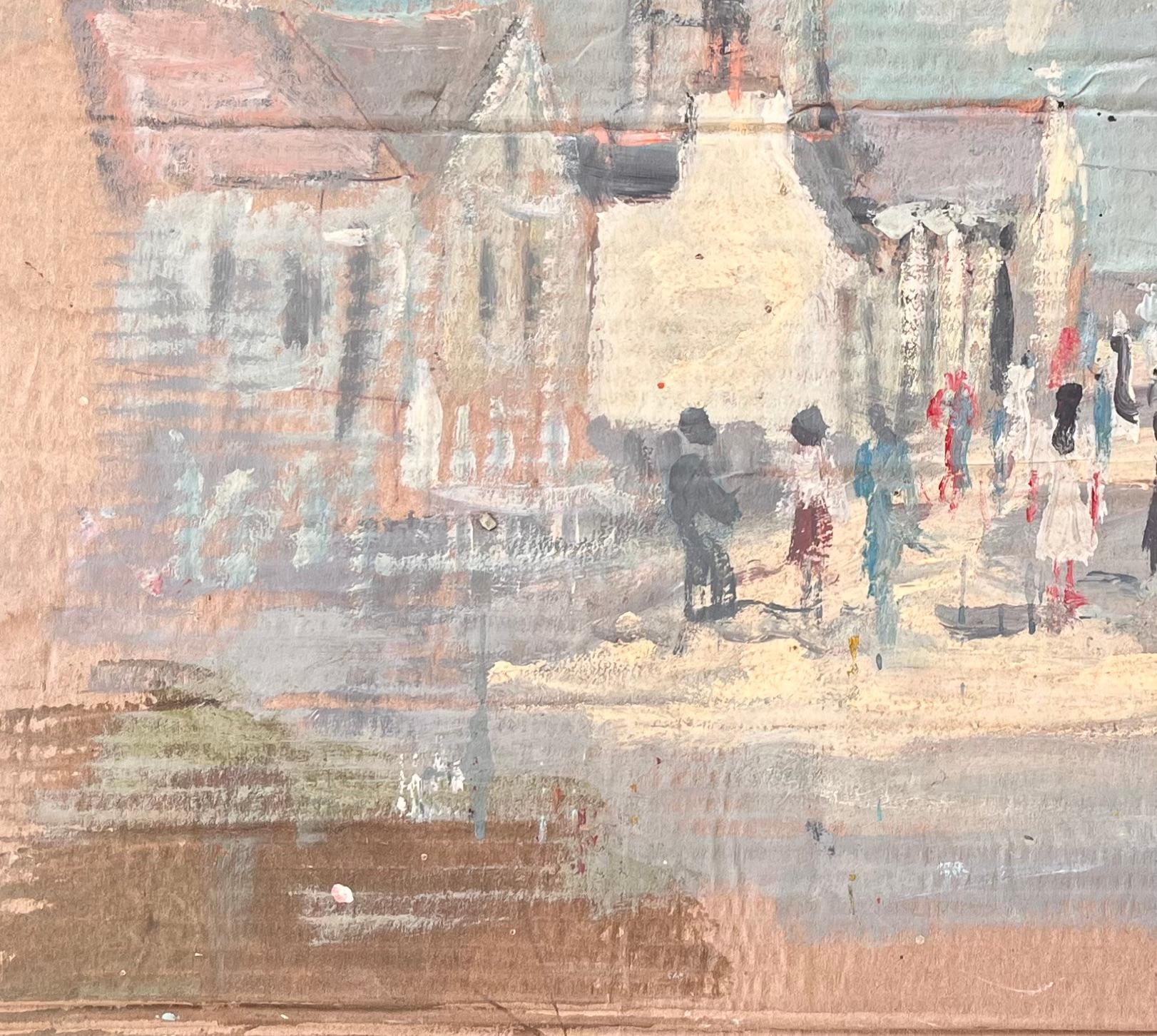 Scène de rue impressionniste française avec église et personnages en vente 1
