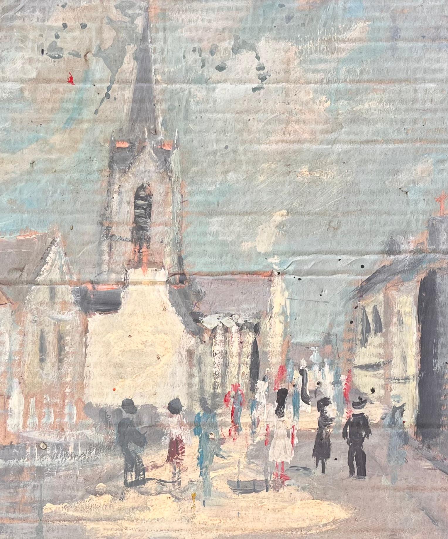 Scène de rue impressionniste française avec église et personnages en vente 2