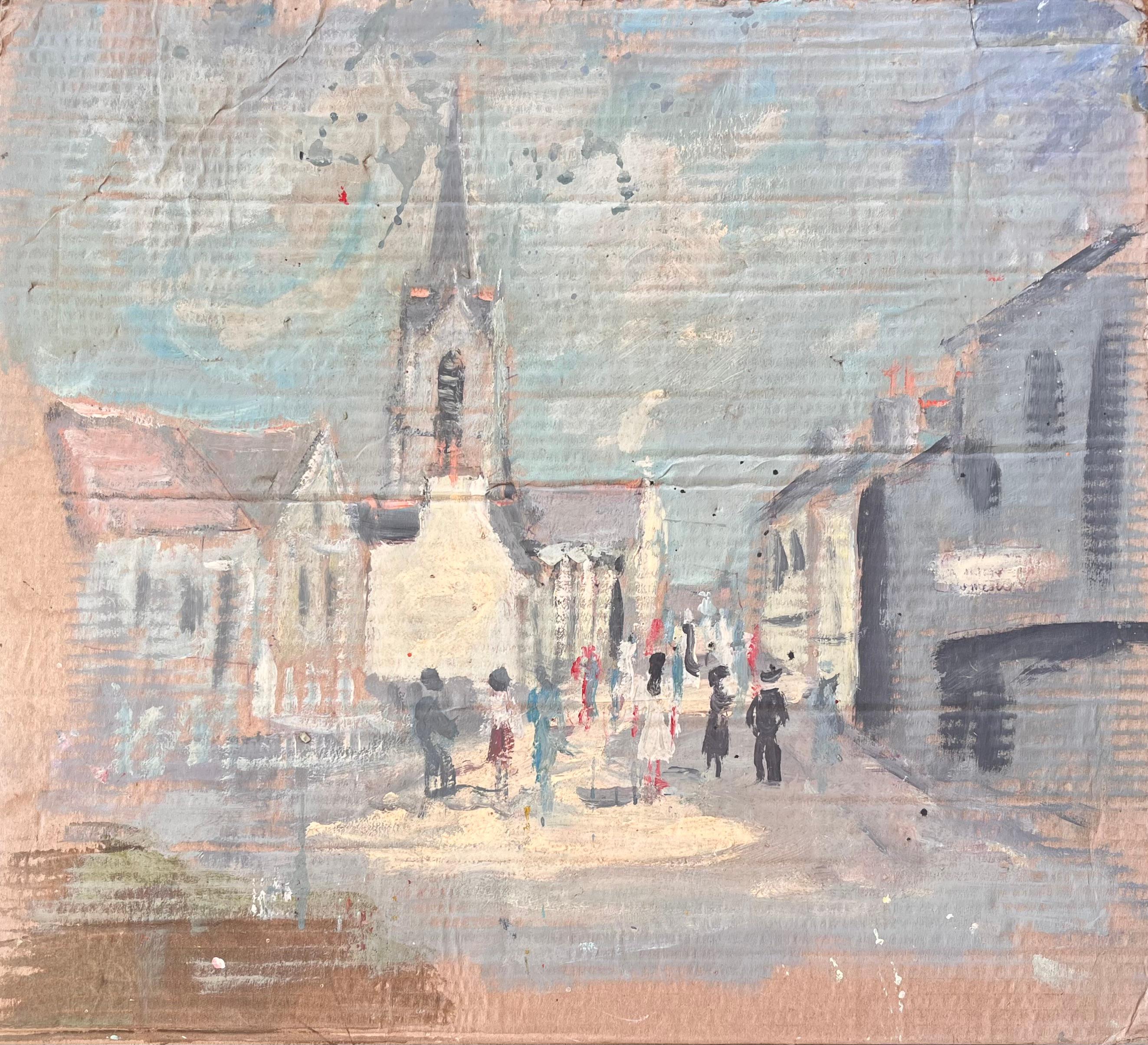 Französische impressionistische Dorfstraßenssszene des Impressionismus mit Kirche und Figuren
