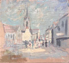 French Impressionist Village Street Scene with Church and Figures