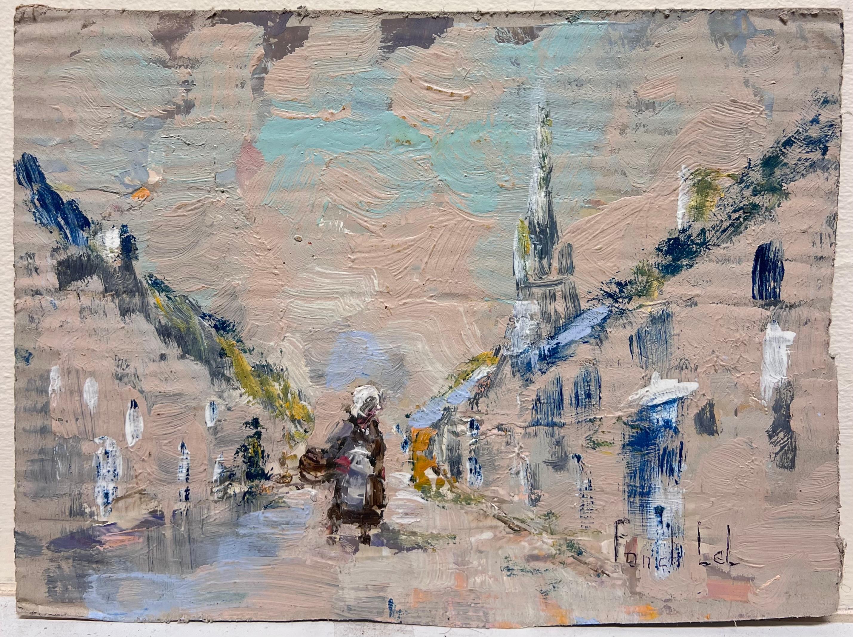 Pittura ad olio impressionista francese: scena di strada di villaggio con figura - Painting di Fanch Lel