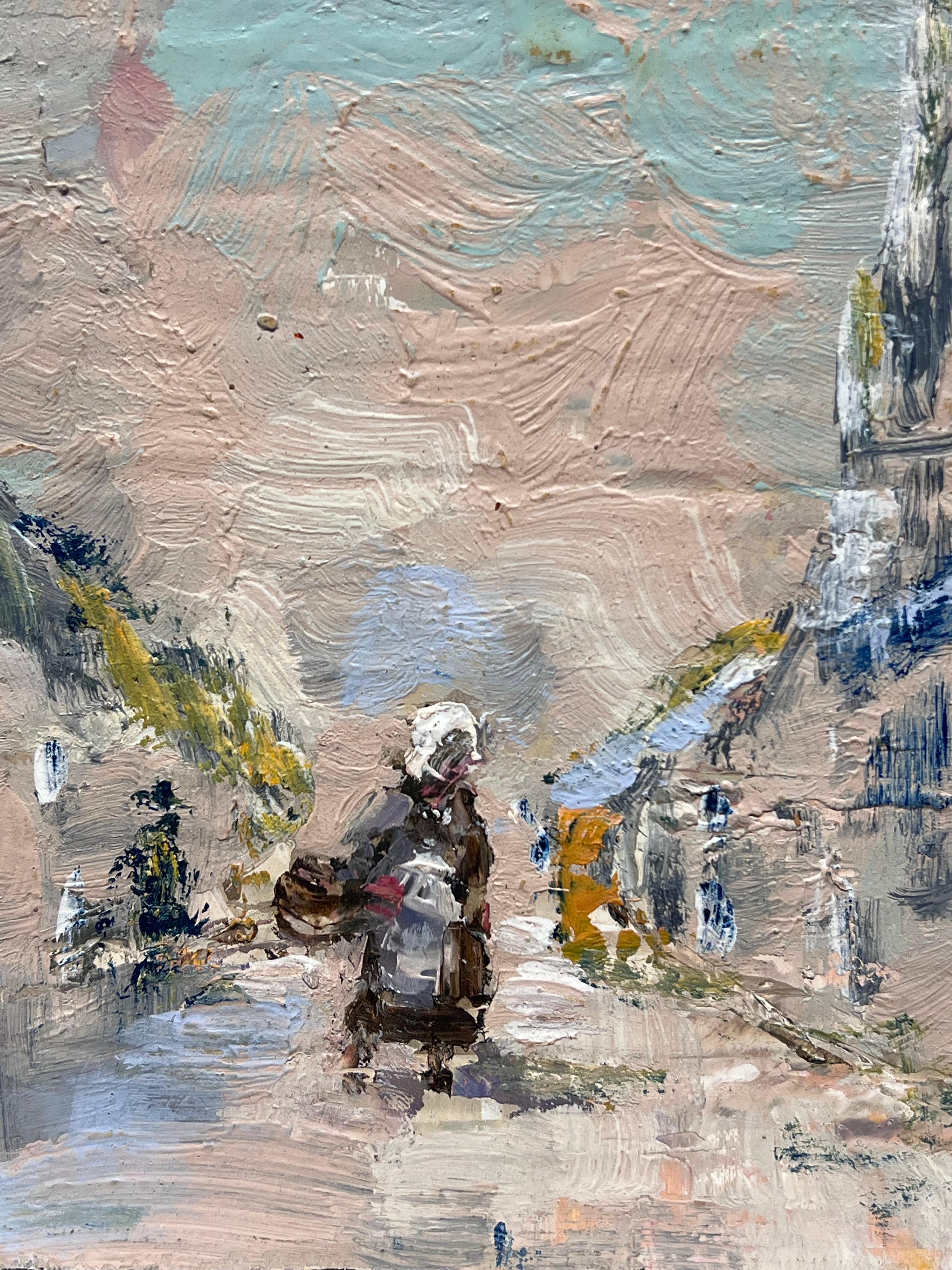 Pittura ad olio impressionista francese: scena di strada di villaggio con figura - Figurative Painting Grigio di Fanch Lel