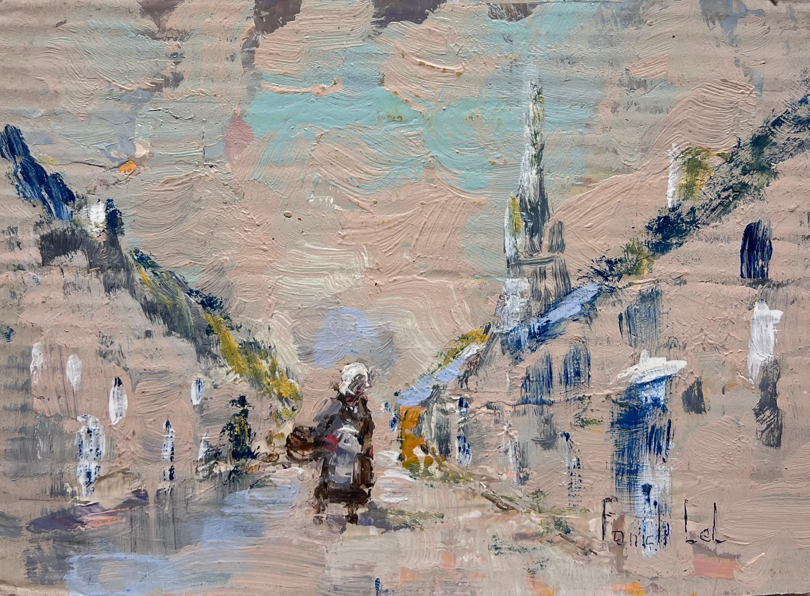 Figurative Painting di Fanch Lel - Pittura ad olio impressionista francese: scena di strada di villaggio con figura