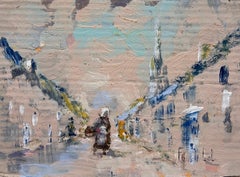 Pintura al óleo impresionista francesa Escena callejera de pueblo con figura