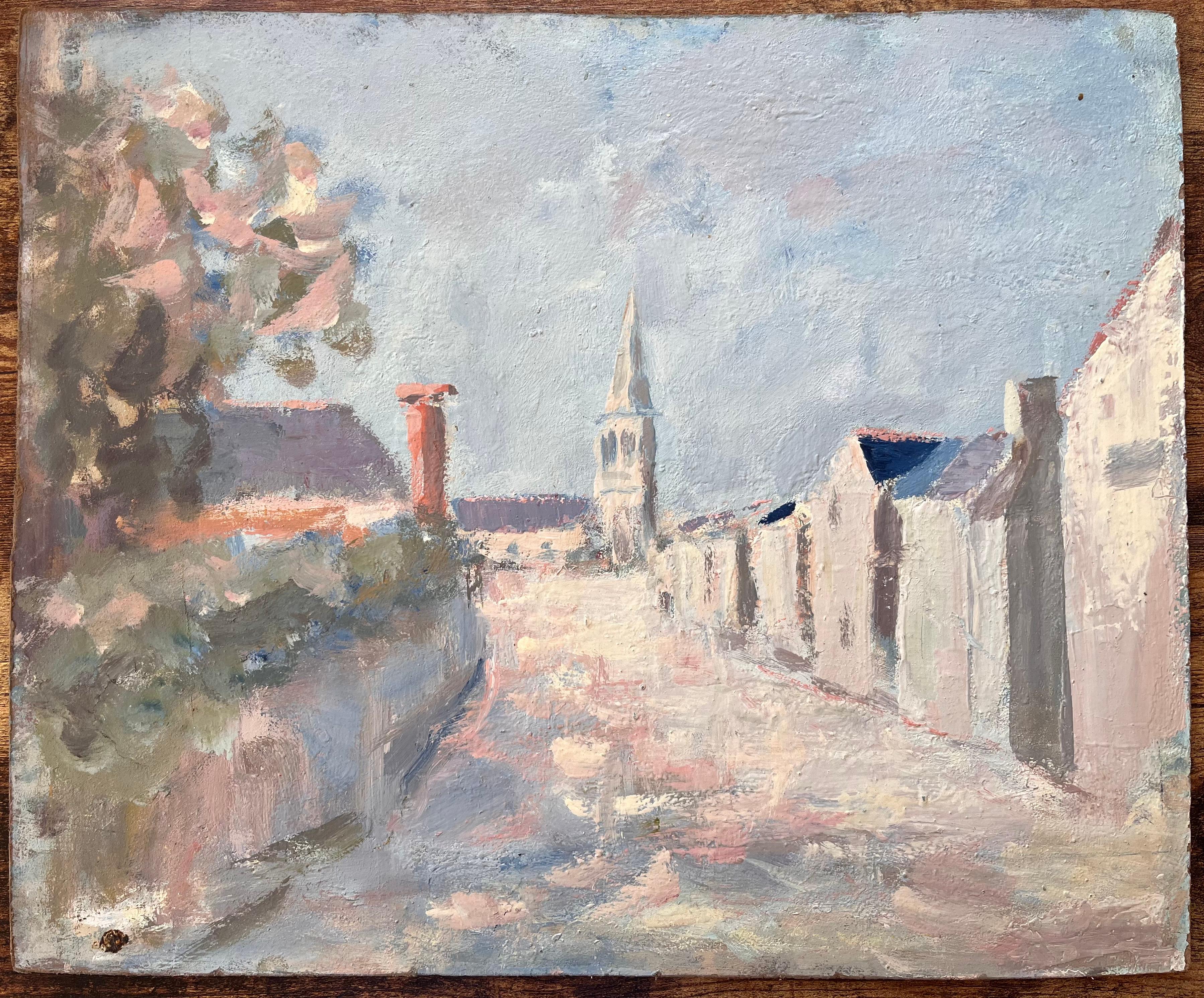 French Impressionist Village Street with Church Spire and Whitewashed Houses - Painting by Fanch Lel