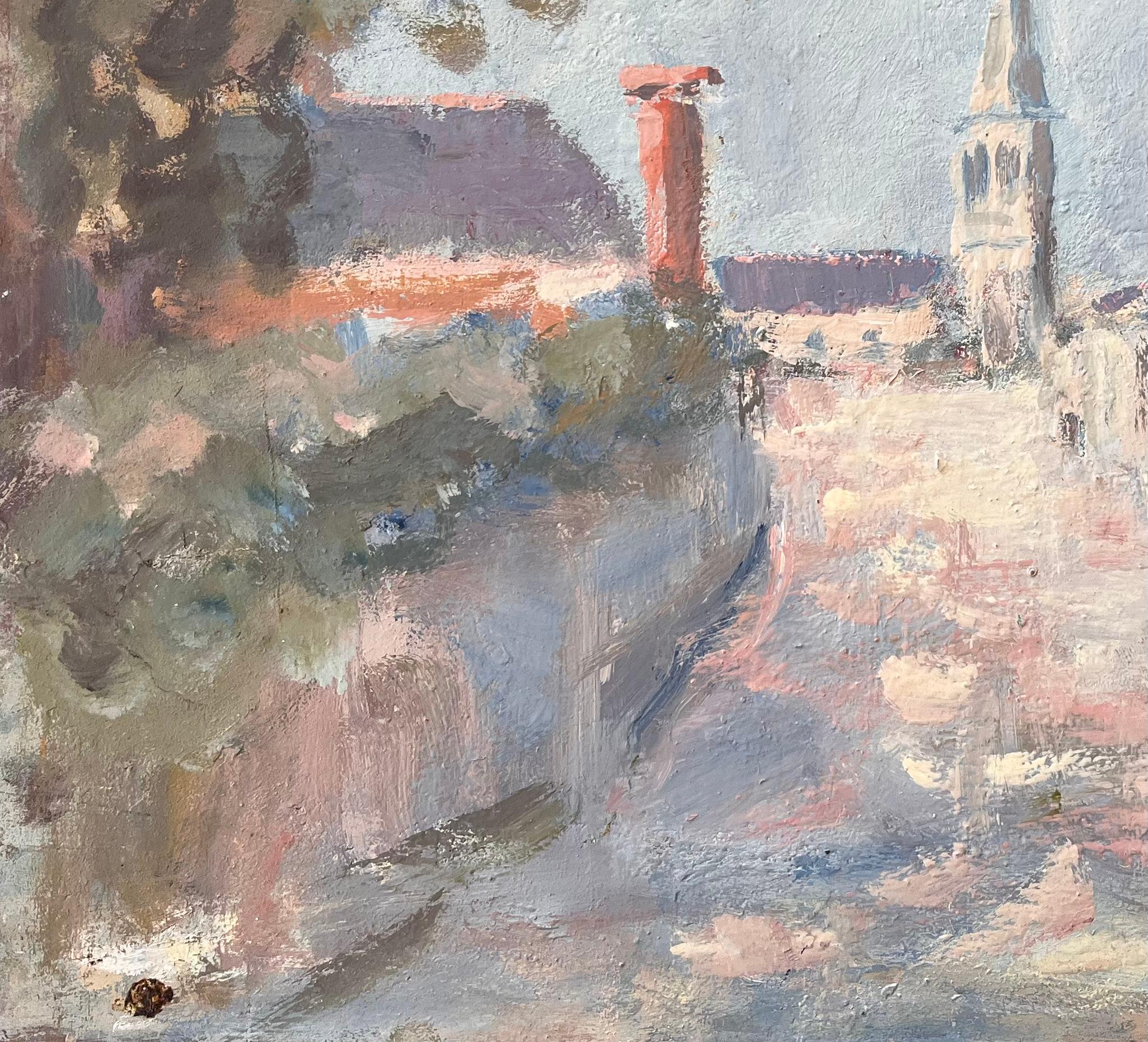 French Impressionist Village Street with Church Spire and Whitewashed Houses - Gray Landscape Painting by Fanch Lel