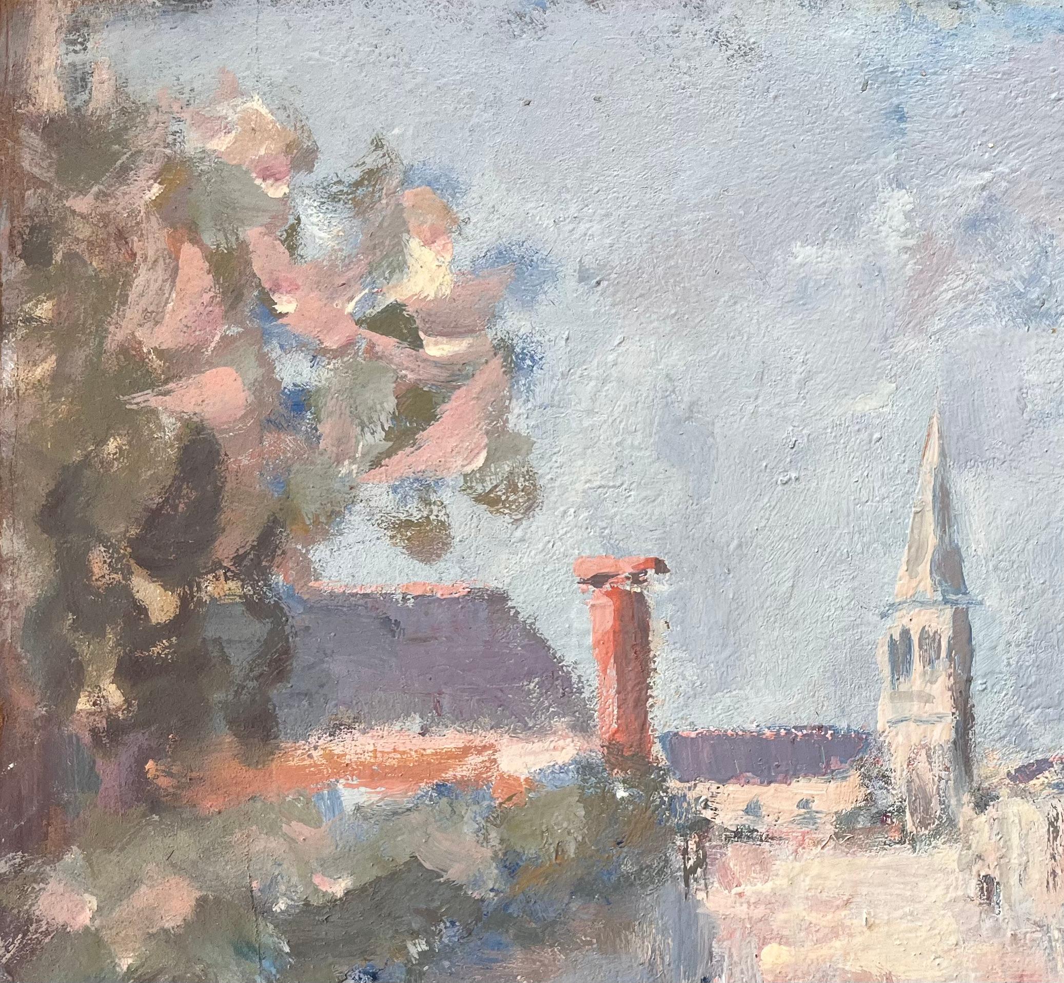 French Impressionist Village Street with Church Spire and Whitewashed Houses For Sale 1