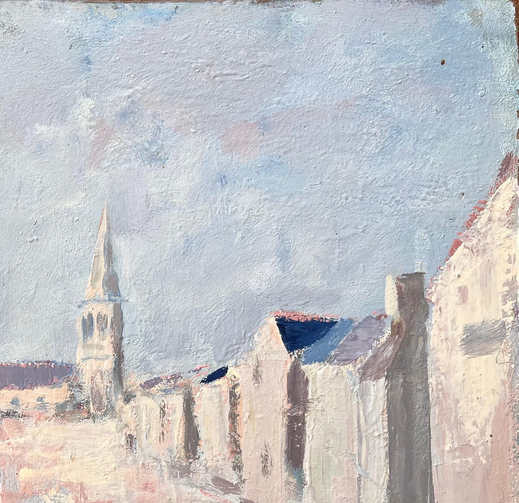 French Impressionist Village Street with Church Spire and Whitewashed Houses For Sale 2