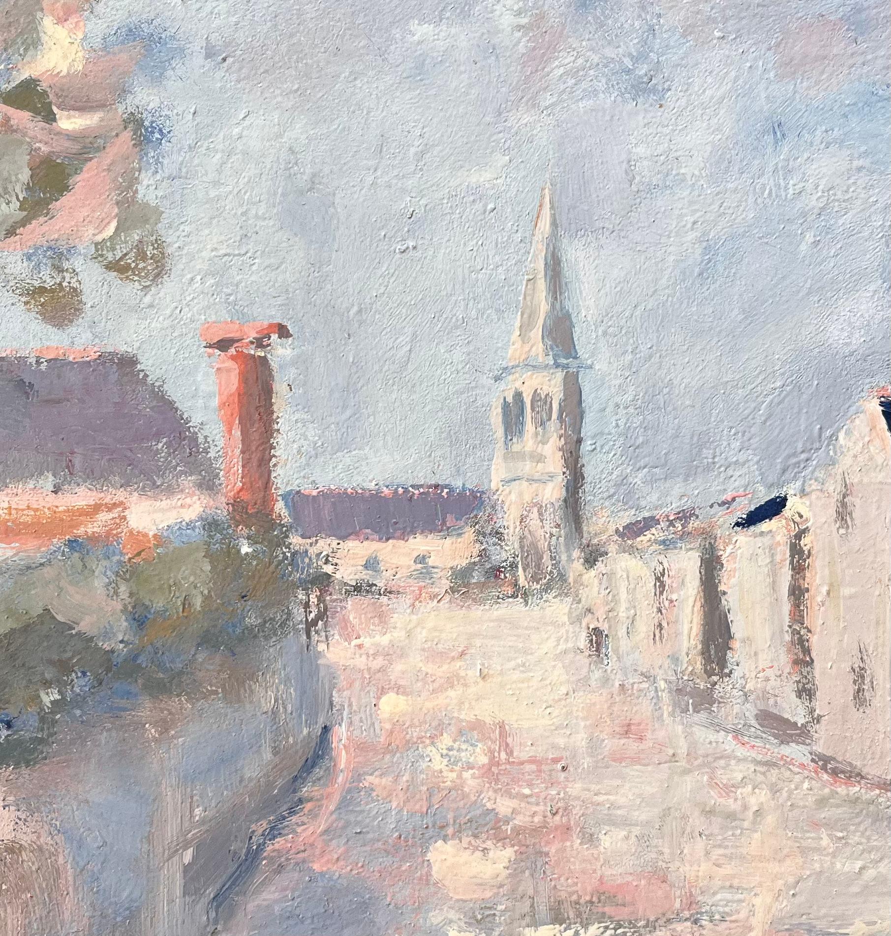 French Impressionist Village Street with Church Spire and Whitewashed Houses For Sale 3