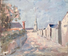 French Impressionist Village Street with Church Spire and Whitewashed Houses