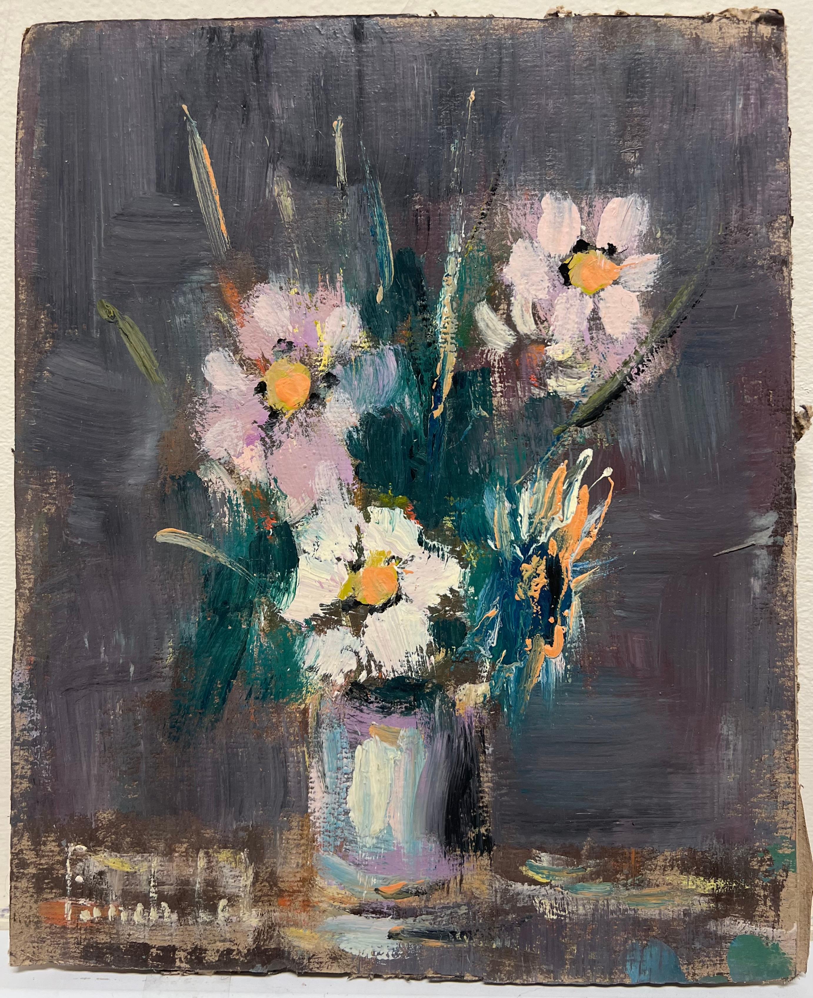 French Impressionist Wildflowers in Purple Vase In a Dark Purple Landscape - Painting by Fanch Lel