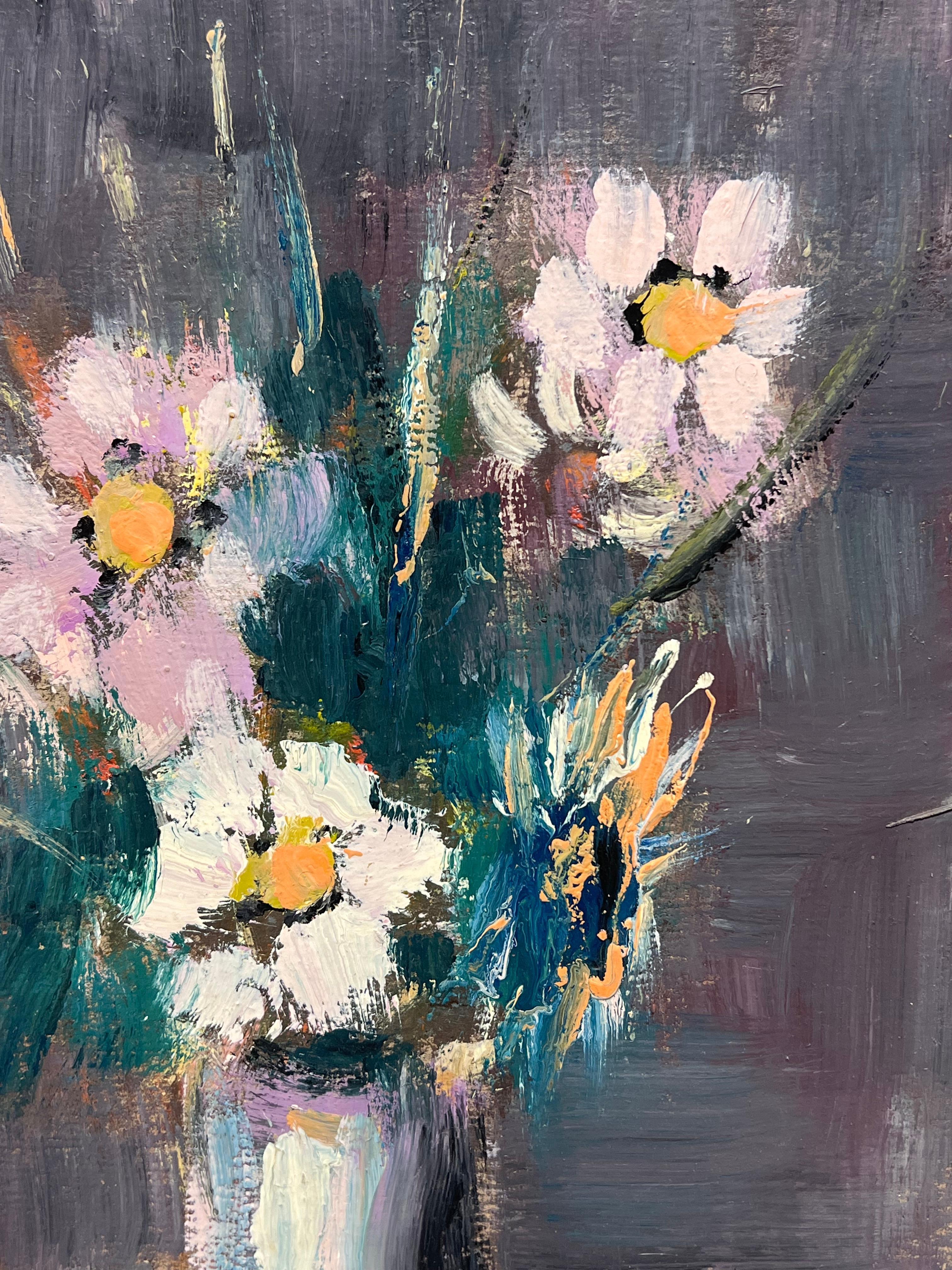 French Impressionist Wildflowers in Purple Vase In a Dark Purple Landscape - Black Still-Life Painting by Fanch Lel