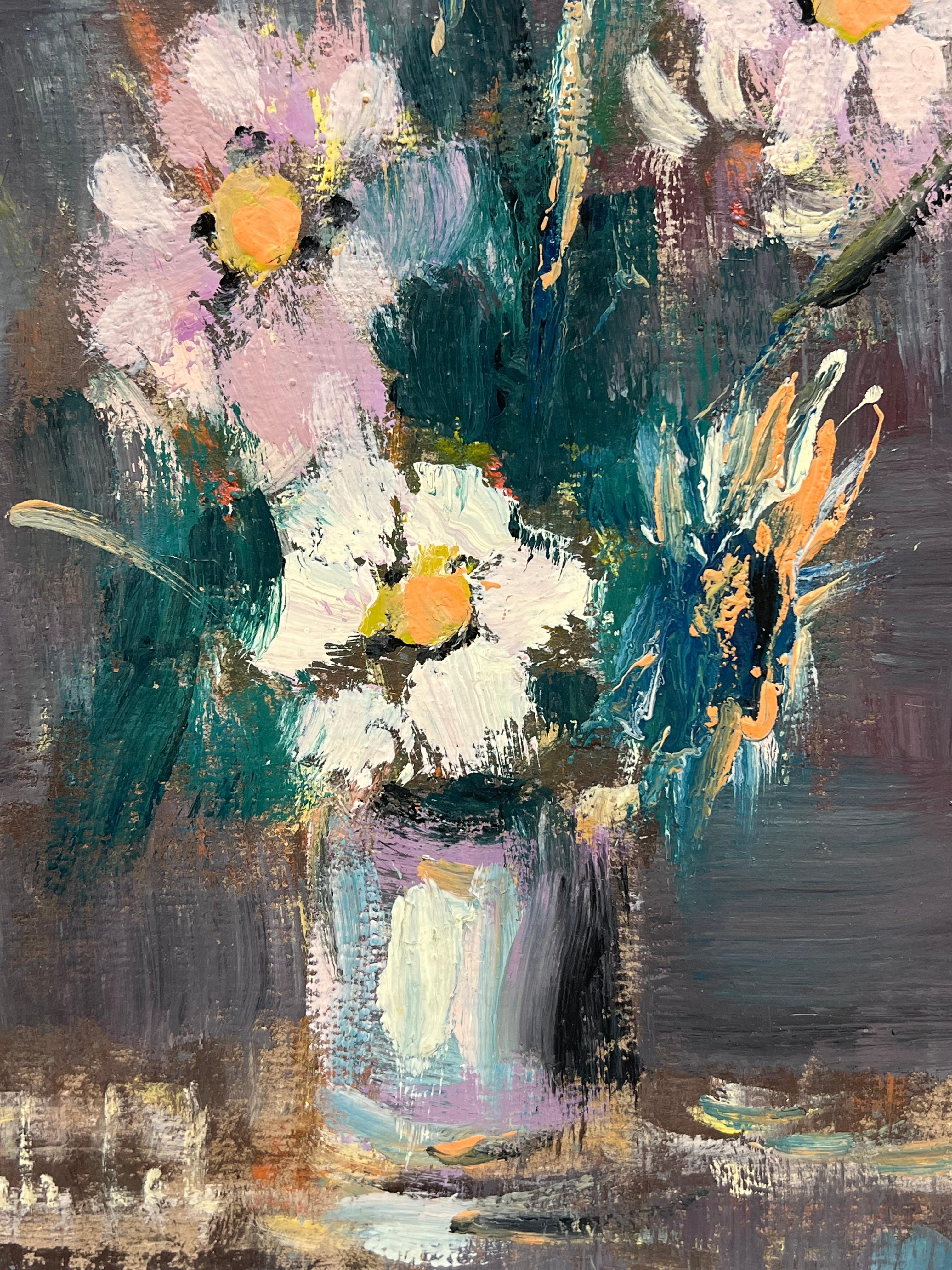 French Impressionist Wildflowers in Purple Vase In a Dark Purple Landscape For Sale 1