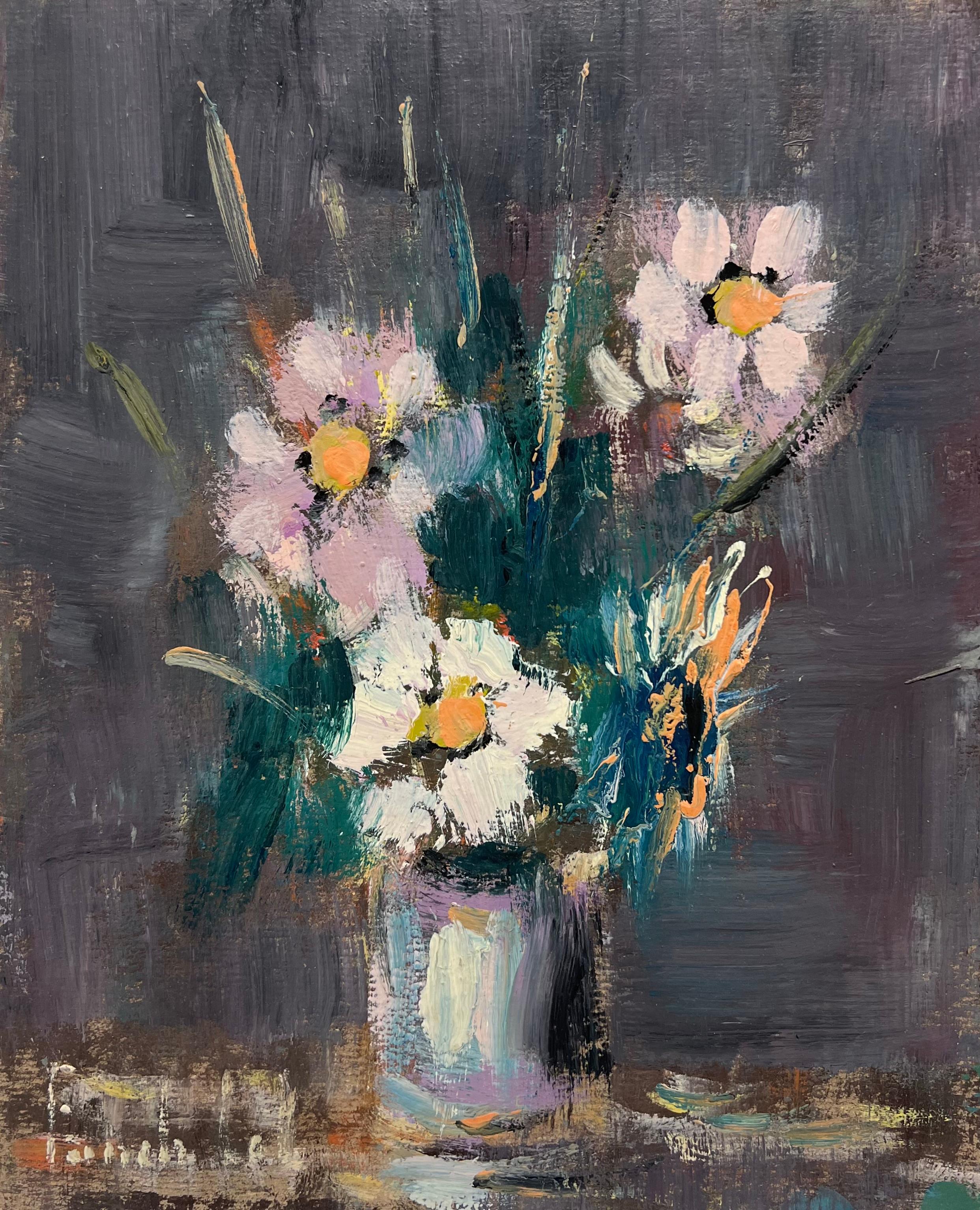 Fanch Lel Still-Life Painting - French Impressionist Wildflowers in Purple Vase In a Dark Purple Landscape