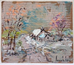 French Impressionist Winter Cottage in Snow Covered Bright Tree Landscape