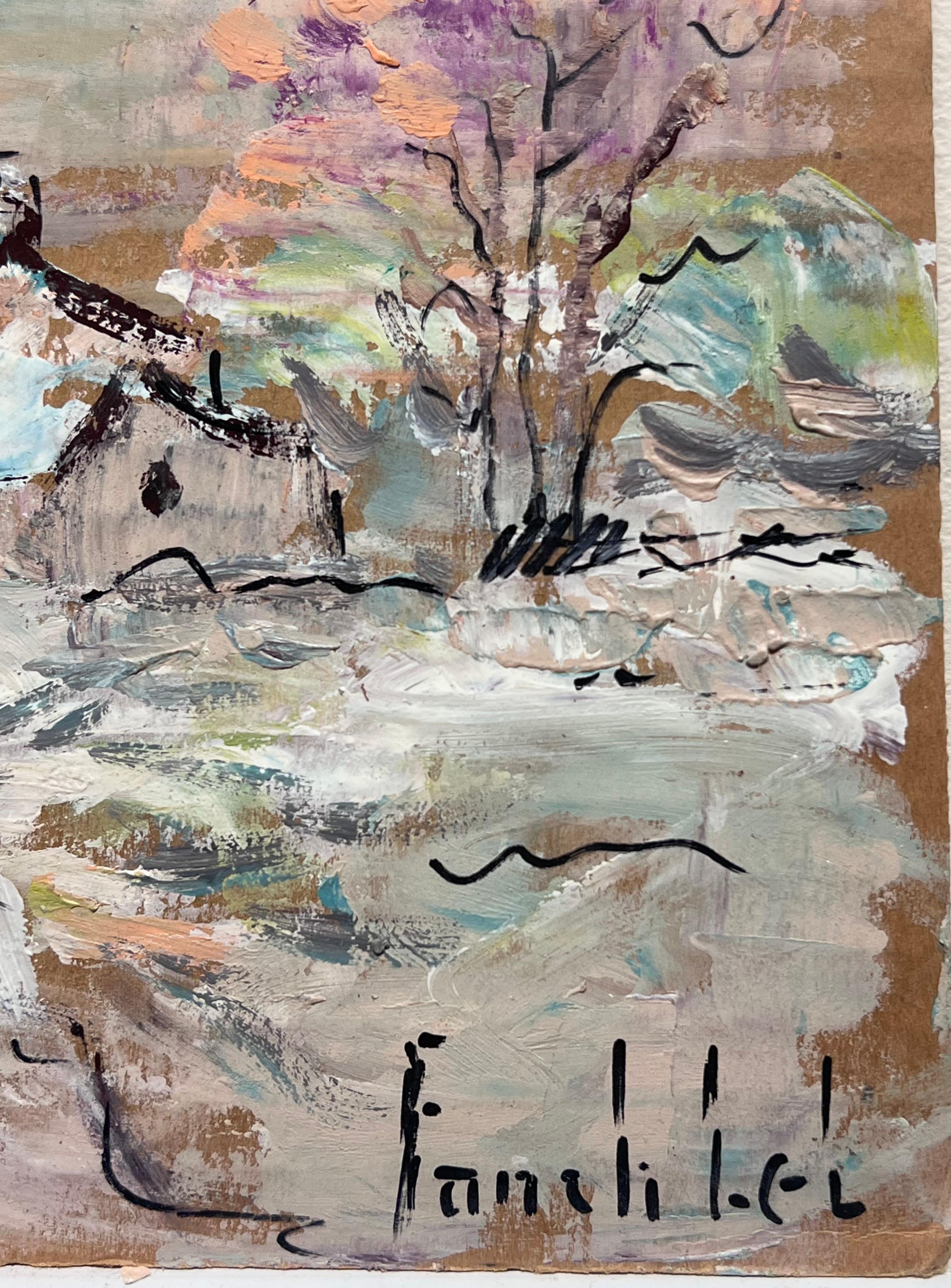 Cottage invernale dell'Impressionismo francese in un paesaggio di alberi luminosi ricoperti di neve - Figurative Painting Grigio di Fanch Lel