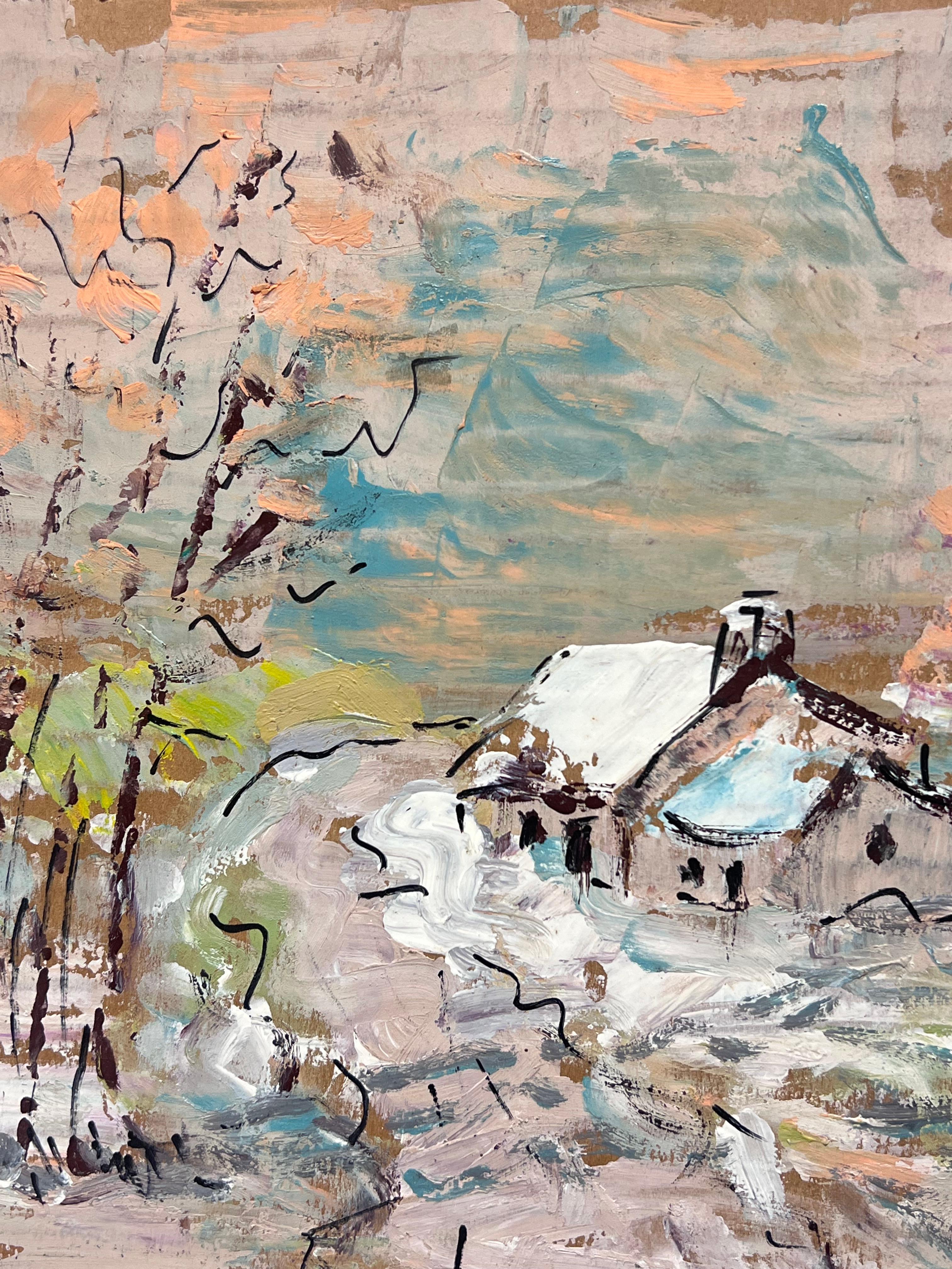 A. Winter Cottage
firmato da Fanch Lel (francese, nato nel 1930)
Dimensioni: 9 x 11 pollici
Pittura a olio su cartone, senza cornice
Condit: Il dipinto è in buone condizioni, con lievi segni di invecchiamento.
Provenienza: Tutti i dipinti di questo