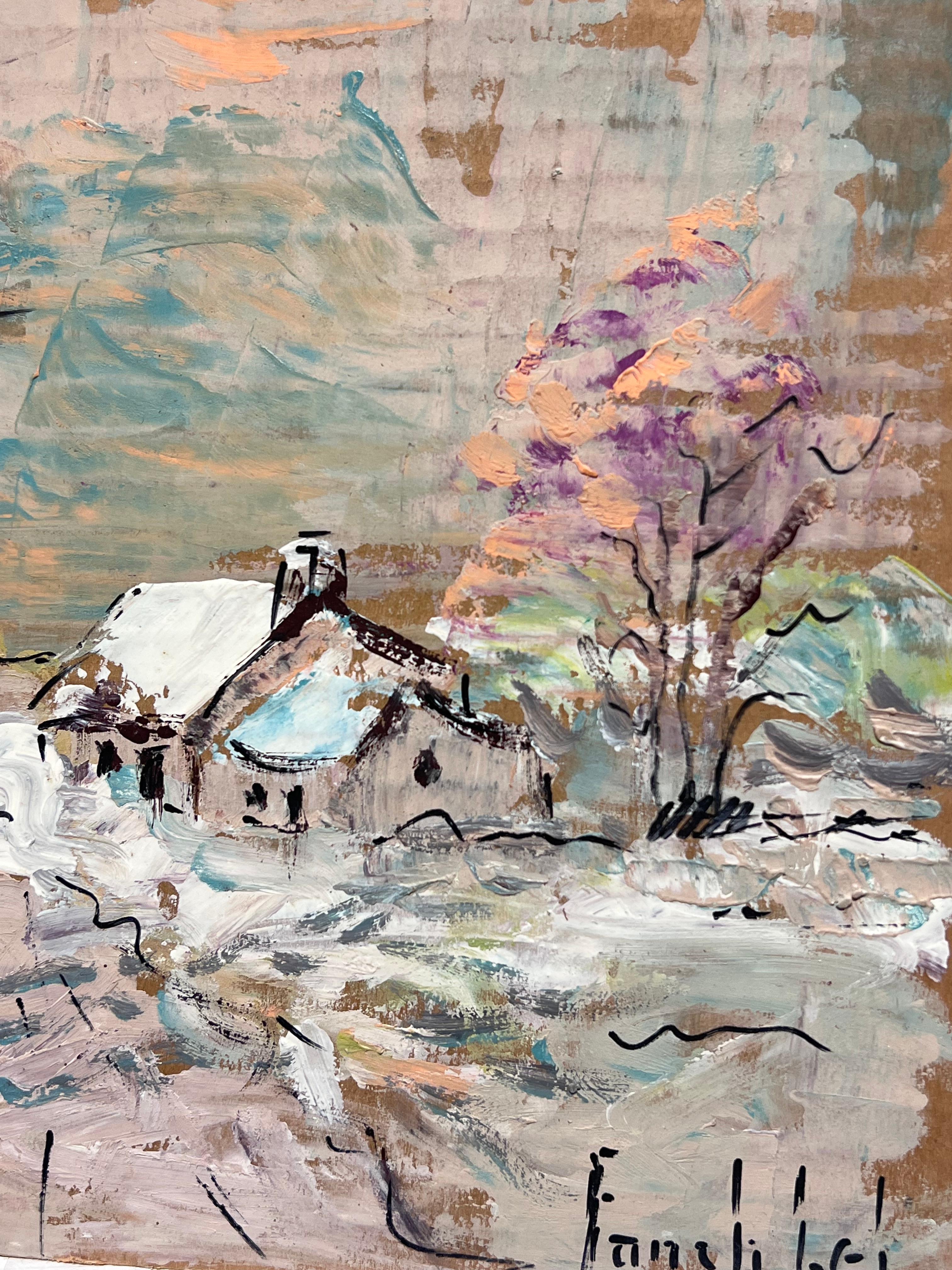 Cottage invernale dell'Impressionismo francese in un paesaggio di alberi luminosi ricoperti di neve in vendita 1